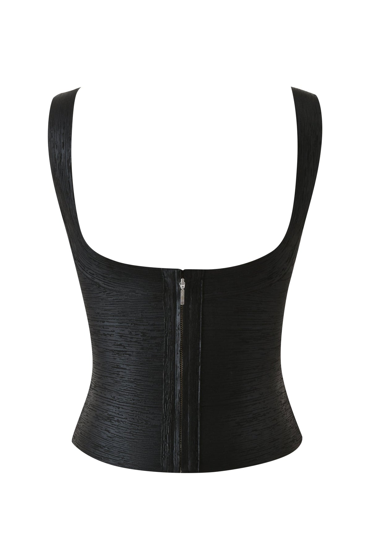 SASHYA BANDAGE TOP - BLACK METALLIC sleeveless corset-style top with a center back zipper.
