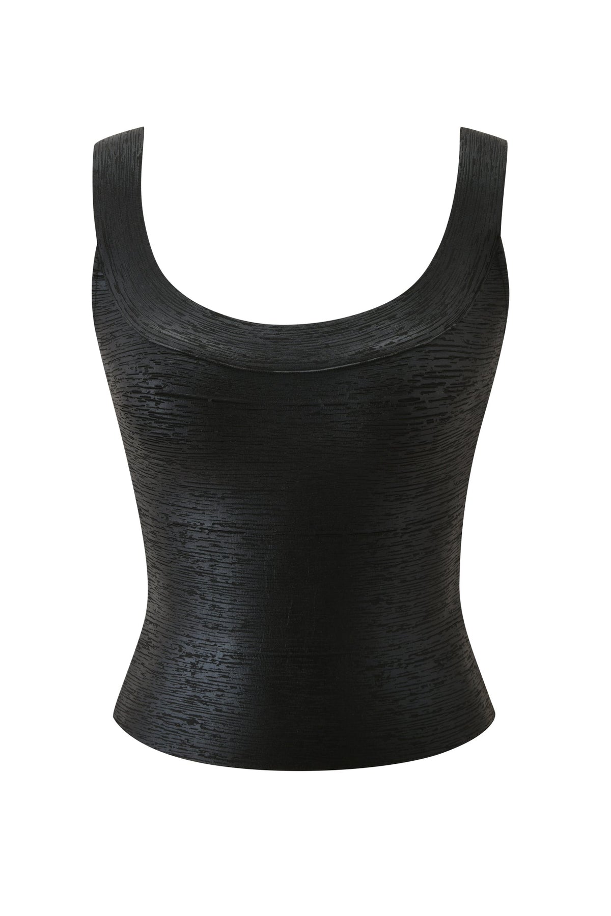 SASHYA BANDAGE TOP - BLACK METALLIC sleeveless scoop-neck bodycon tank top with a subtle horizontal ribbed texture and a metallic finish.