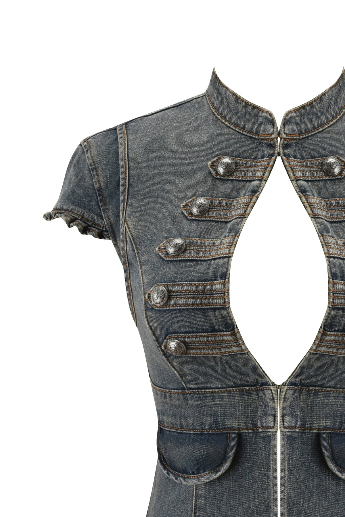 Cropped image of the I.AM.GIA JET DENIM TOP - FADED INDIGO, featuring short sleeves, silver buttons, a high collar, and a large oval front cutout—ideal for pairing with your favorite Y2K outfits or styled as an edgy Jet Military Top.