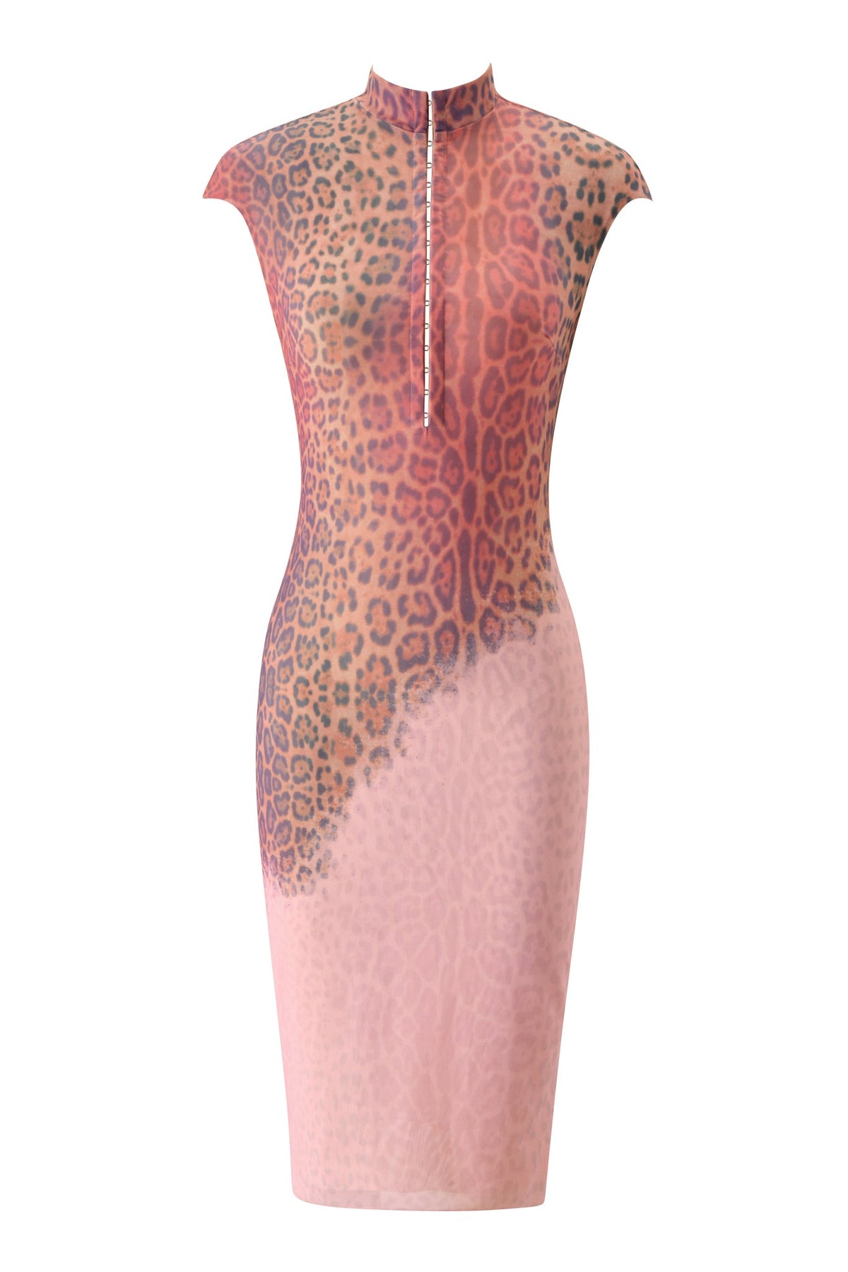 The ZOYA MIDI DRESS - PINK FADED PANTHERA by I.AM.GIA is a sleeveless, fitted bodycon dress with a high neckline and front zipper, showcasing a pink and brown gradient leopard print.