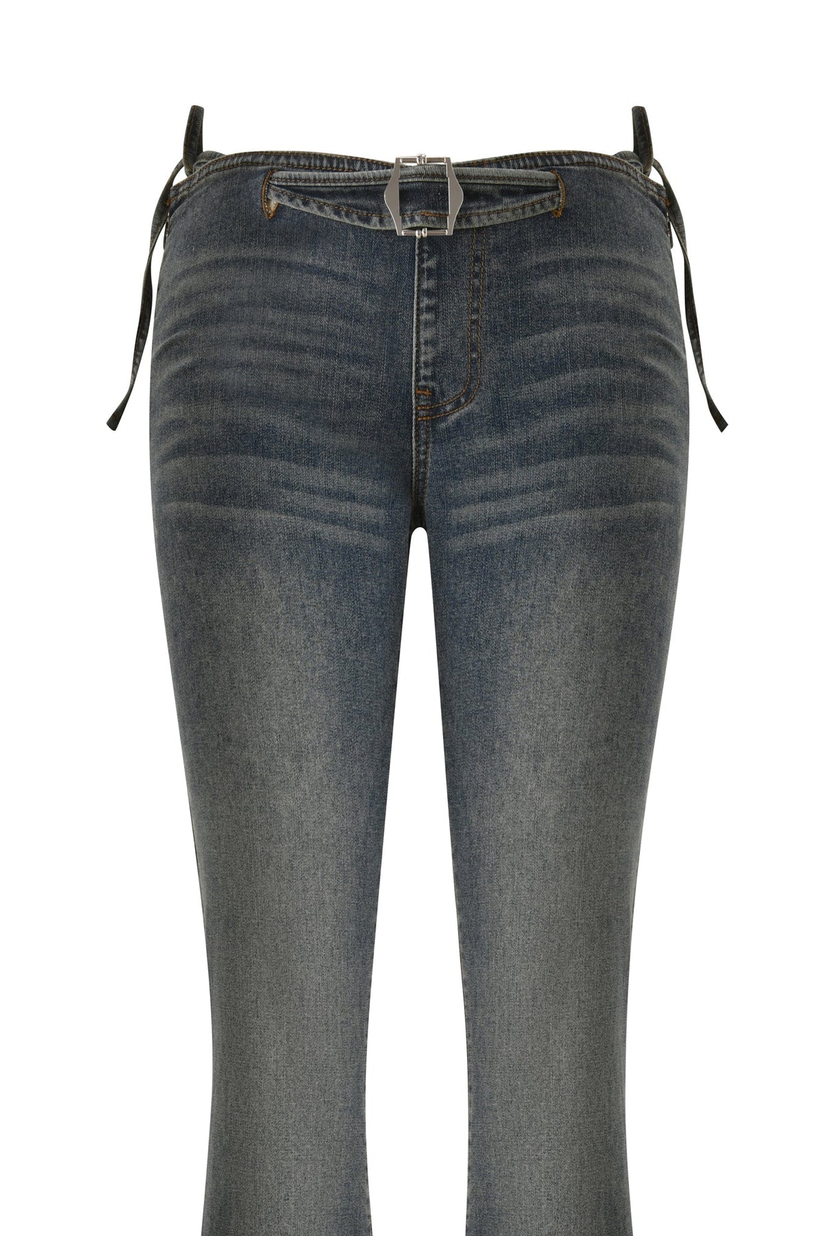 The JET G-STRING DENIM PANT in faded indigo by I.AM.GIA features a low-rise fit, a front zipper, a silver hexagonal buckle, and black side ties on the waistband—delivering the playful edge of Y2K style. Shown against a white background.