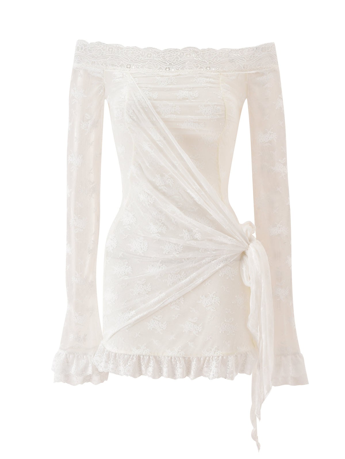 The BONNY MINI DRESS - CREAM by I.AM.GIA is a vintage-inspired mini dress crafted from delicate floral lace in cream. Designed with an off-shoulder neckline, long sleeves, and ruffled hem and cuffs, it features a sheer wrap detail that ties at the waist for an effortlessly romantic look.