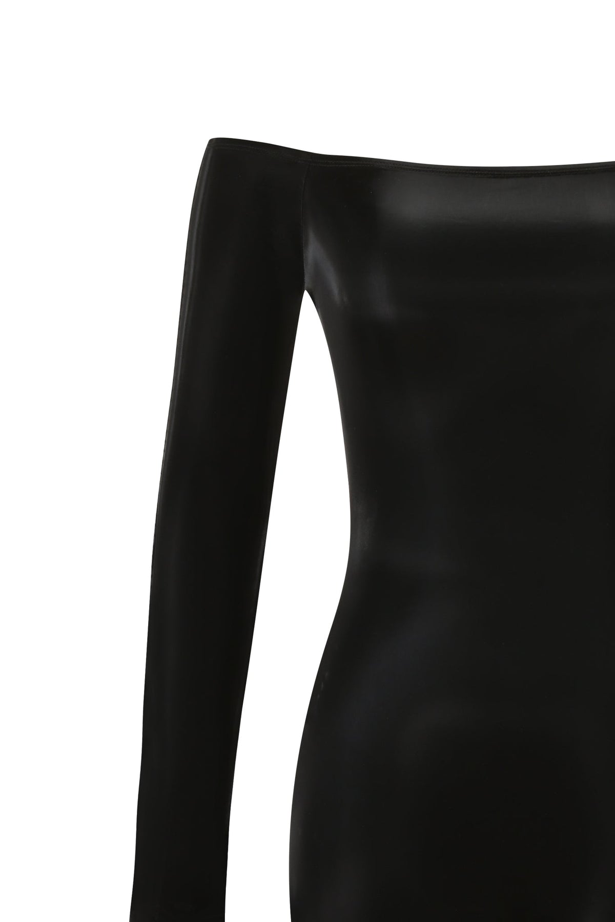 KLARA OFF SHOULDER CATSUIT - METALLIC BLACK, an off-the-shoulder long-sleeved metallic black catsuit in stretch PU.