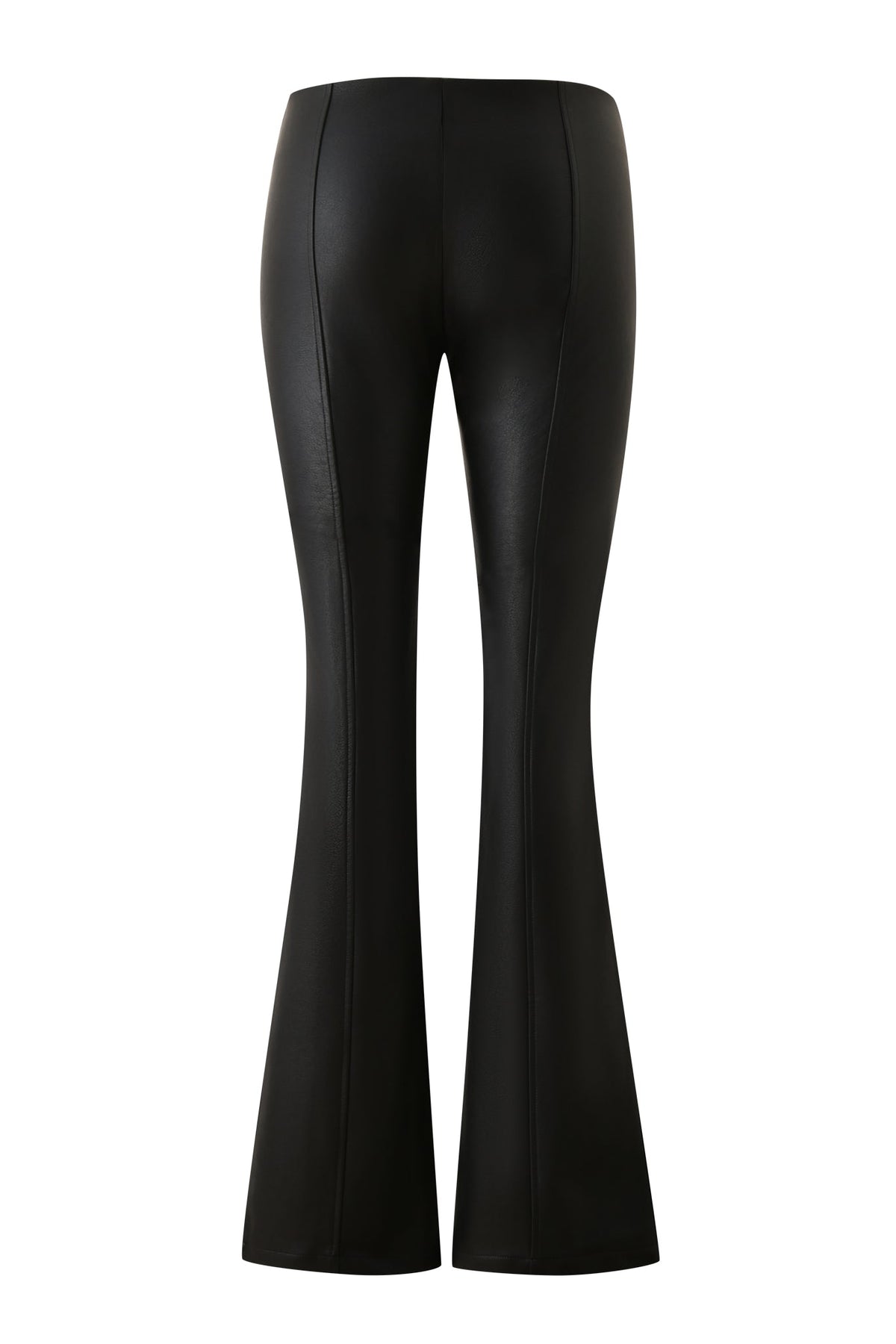 Introducing the DUA PU PANT - BLACK by I.AM.GIA: These black faux leather pants are shown from the back, featuring visible seam details and decorative vertical piping along the legs. The smooth, fitted waistband complements their shiny finish and flare leg silhouette, which features a subtle bell-bottom style.