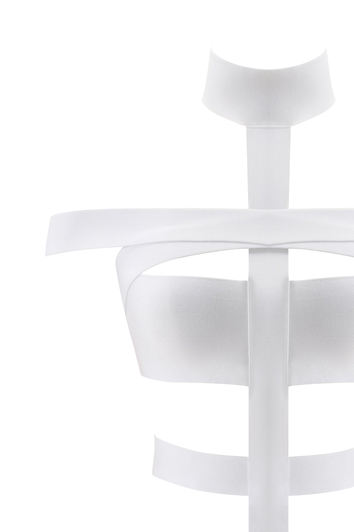 A minimalist sculpture composed of wide, white bands intersecting vertically and horizontally against a plain white background, echoing the sleek lines of the I.AM.GIA QUINTA BANDAGE PLAYSUIT in white.