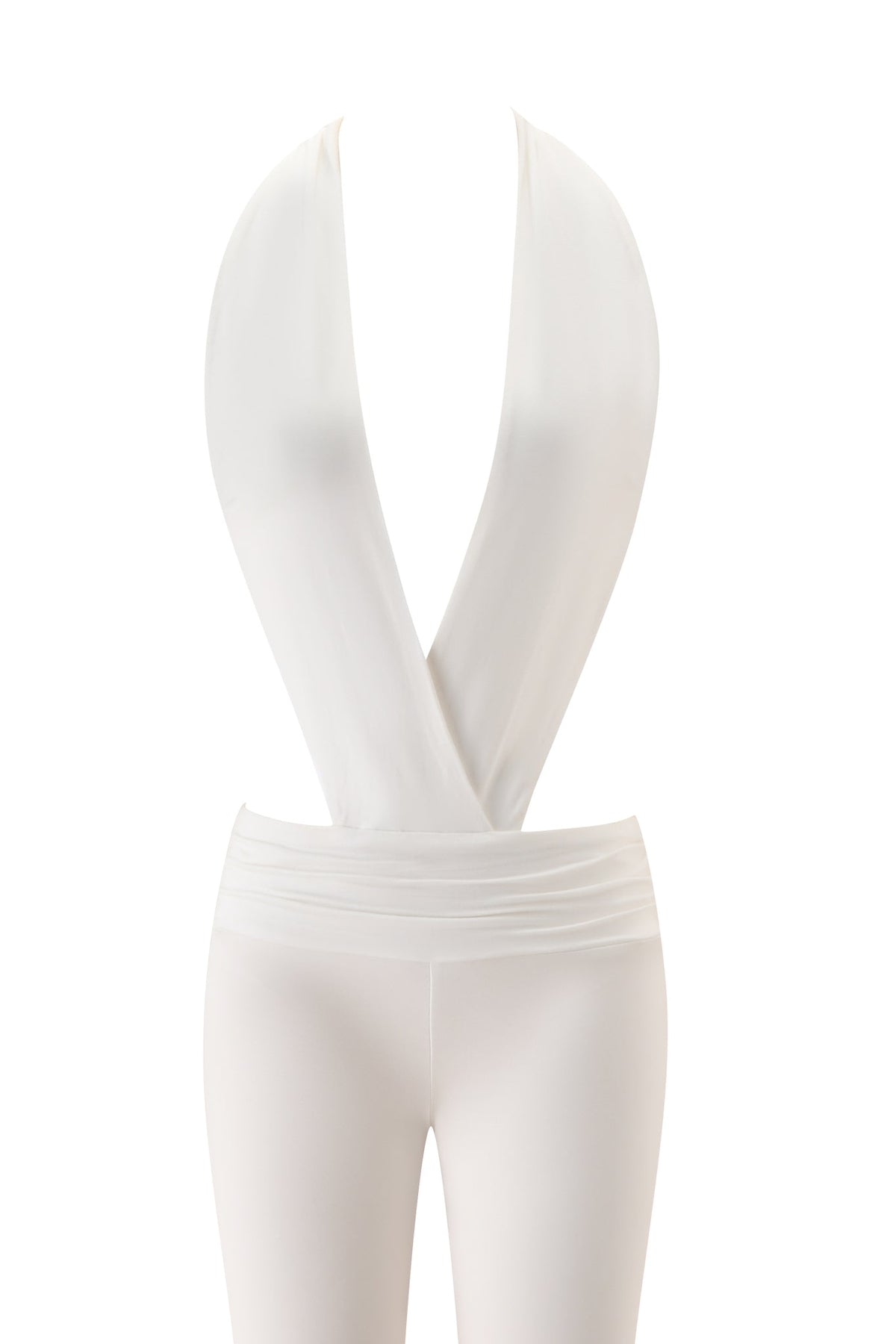 The CHER JUMPSUIT - WHITE by I.AM.GIA is a full length, bodycon jumpsuit with a deep plunging V-neckline and fitted waistband, displayed on a faceless mannequin against a white background.