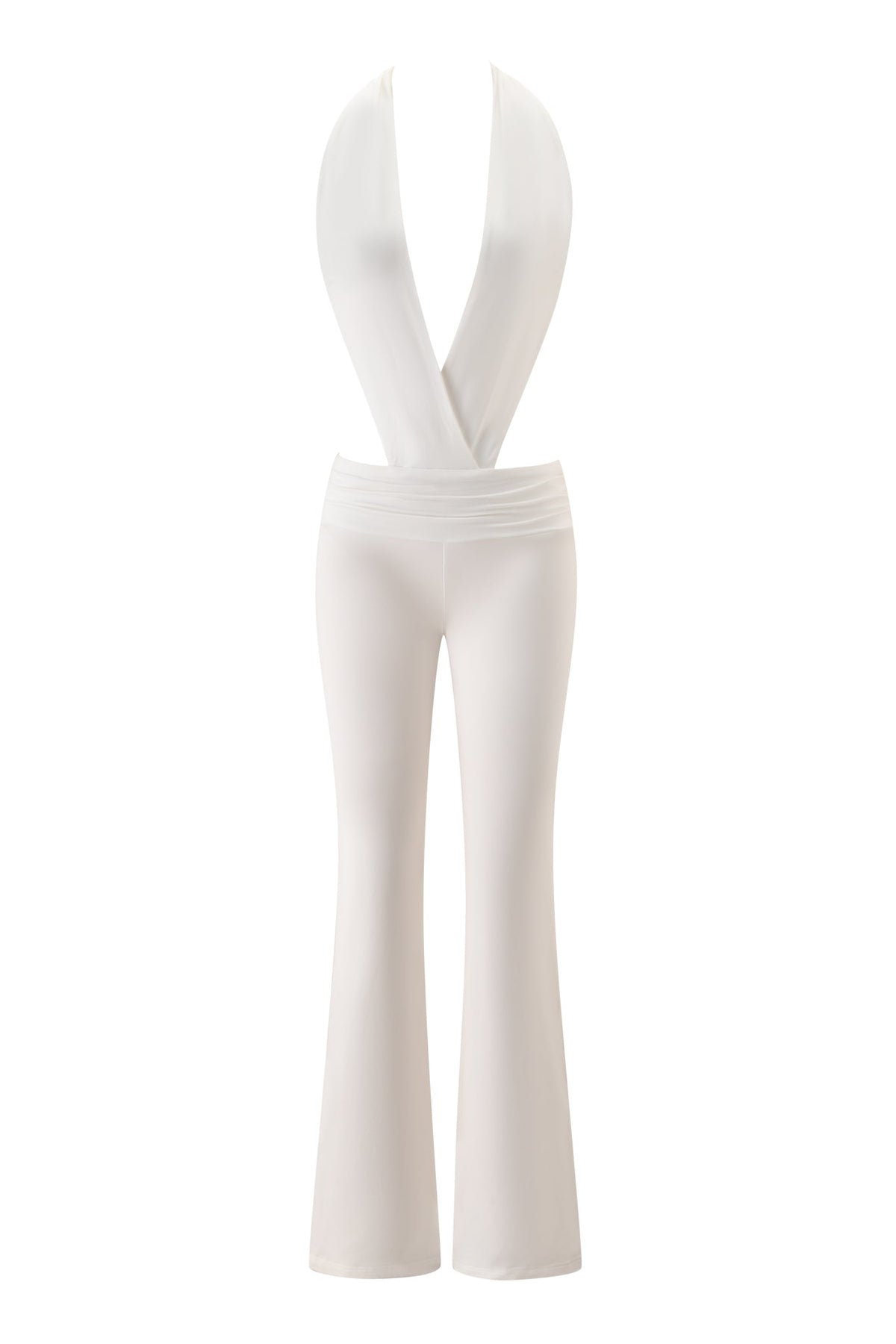 The CHER JUMPSUIT - WHITE by I.AM.GIA is a full-length jumpsuit featuring a halter neckline, deep V-neckline, fitted waist, and flared legs. Crafted from smooth, slightly sheer fabric, it offers a sleek and elegant silhouette. Shown without a model.