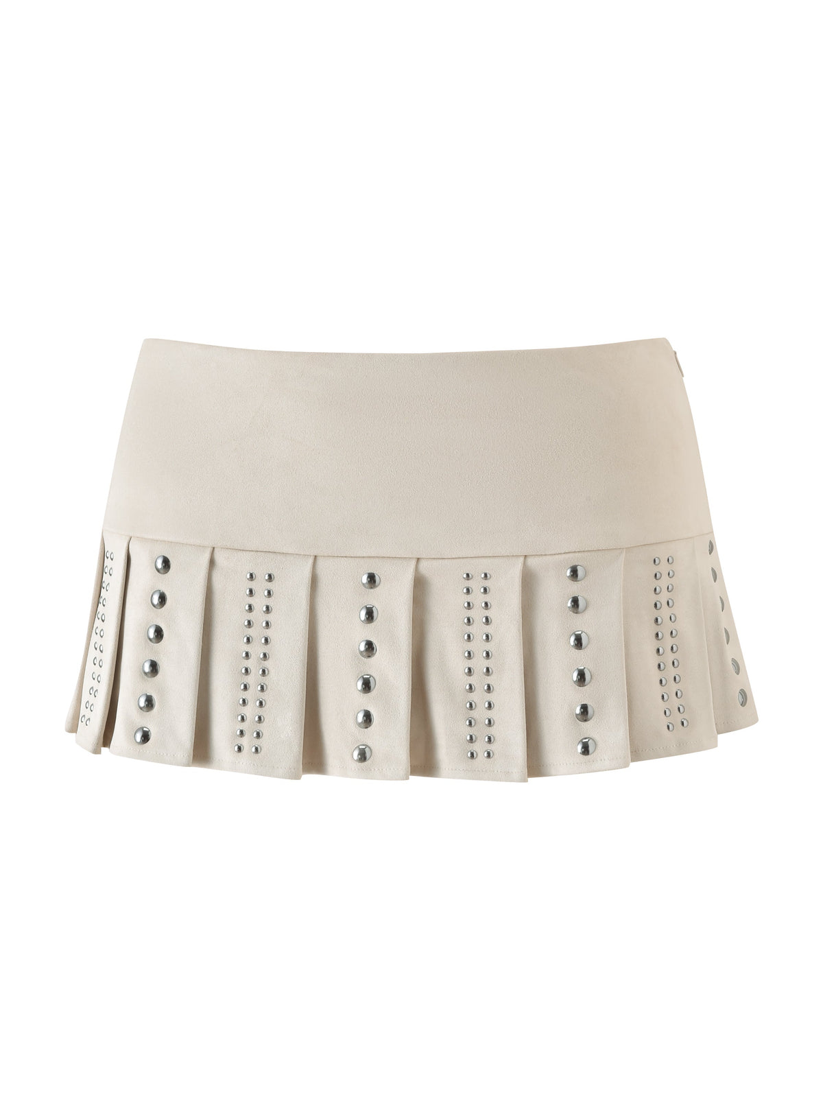 The I.AM.GIA VEYGA Studded Mini Skort in cream features a chic pleated skirt overlay adorned with silver studs arranged in vertical lines on each pleat, adding dimension and flair, and is displayed on a white background.