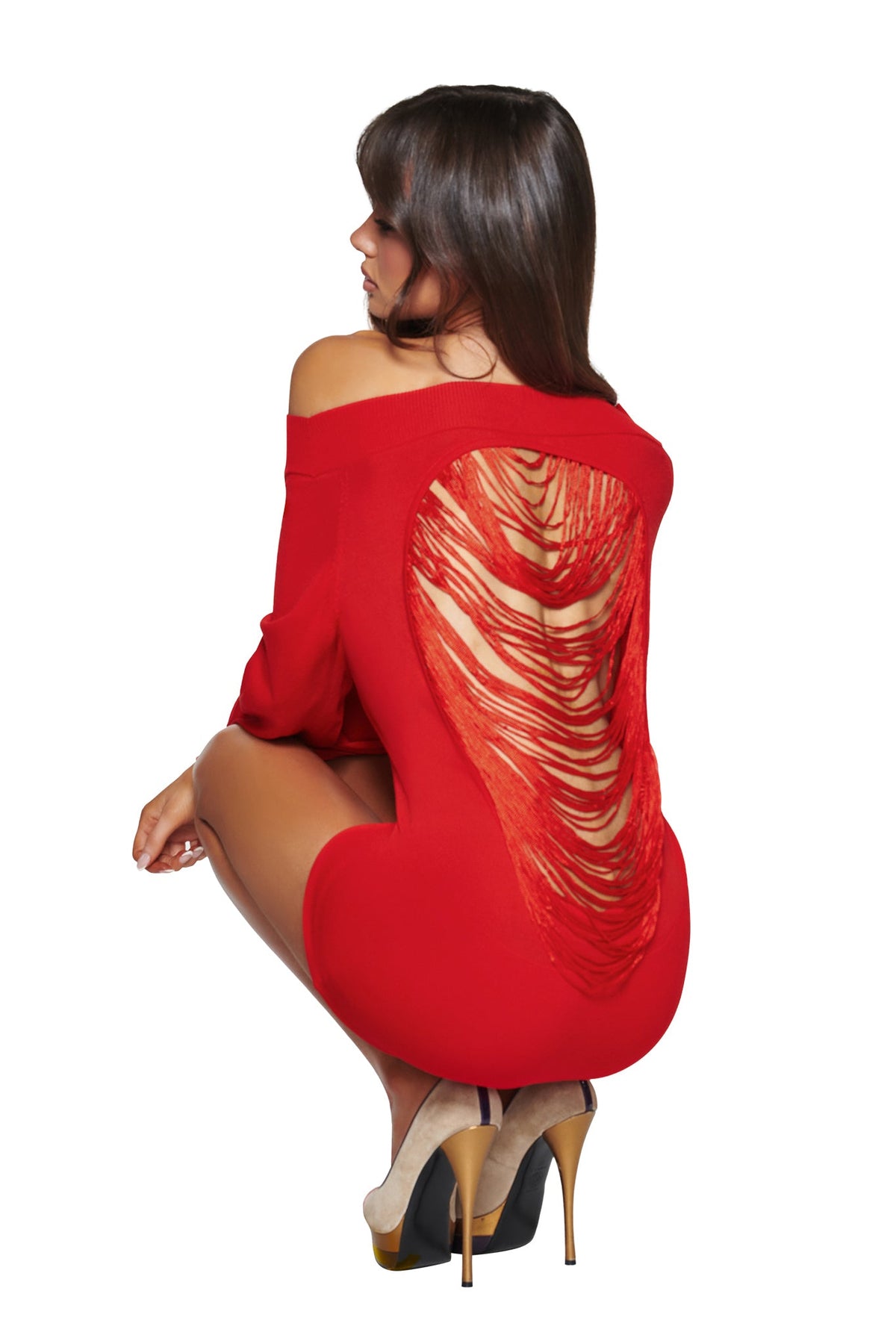 A woman squats facing away from the camera against a white background, wearing the ADRYANA KNIT DRESS in red by I.AM.GIA, featuring an off-the-shoulder silhouette with a shredded back design, paired with high-heeled shoes.