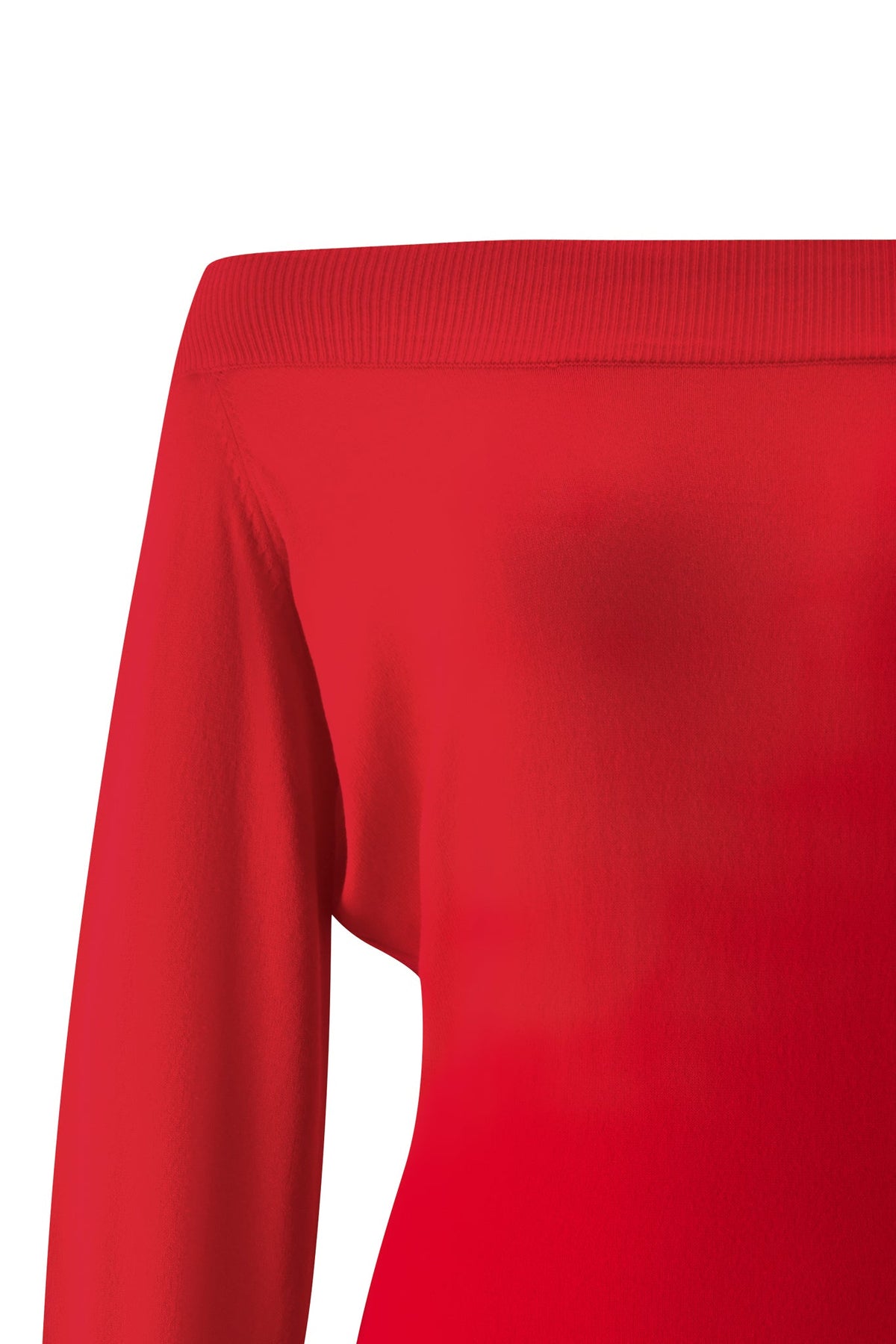A close-up of the ADRYANA KNIT DRESS in red by I.AM.GIA on a white background, highlighting the off-the-shoulder neckline and sleeve details, showcasing the stylish knit mini dress.