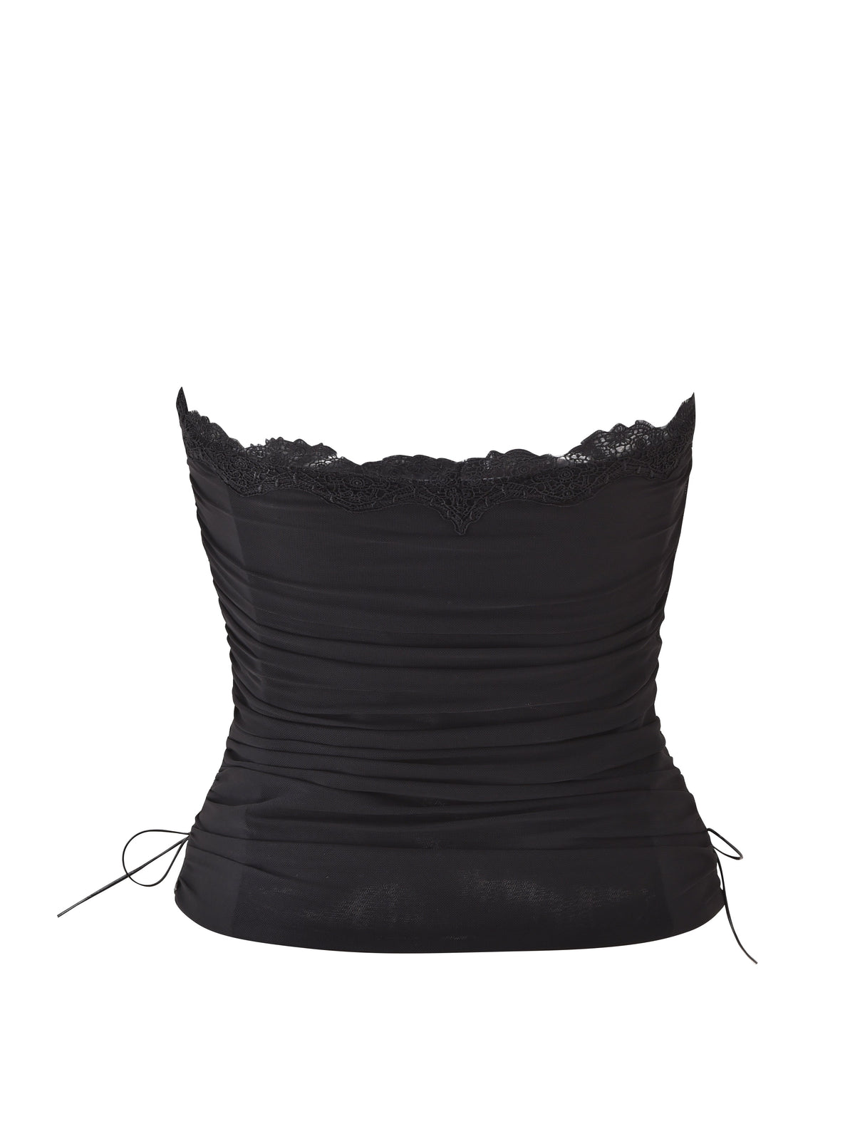 The DIXI CORSET - BLACK by I.AM.GIA is a strapless black corset-style top with delicate lace trim, ruched mesh detailing, and thin side ties, displayed against a plain white background.