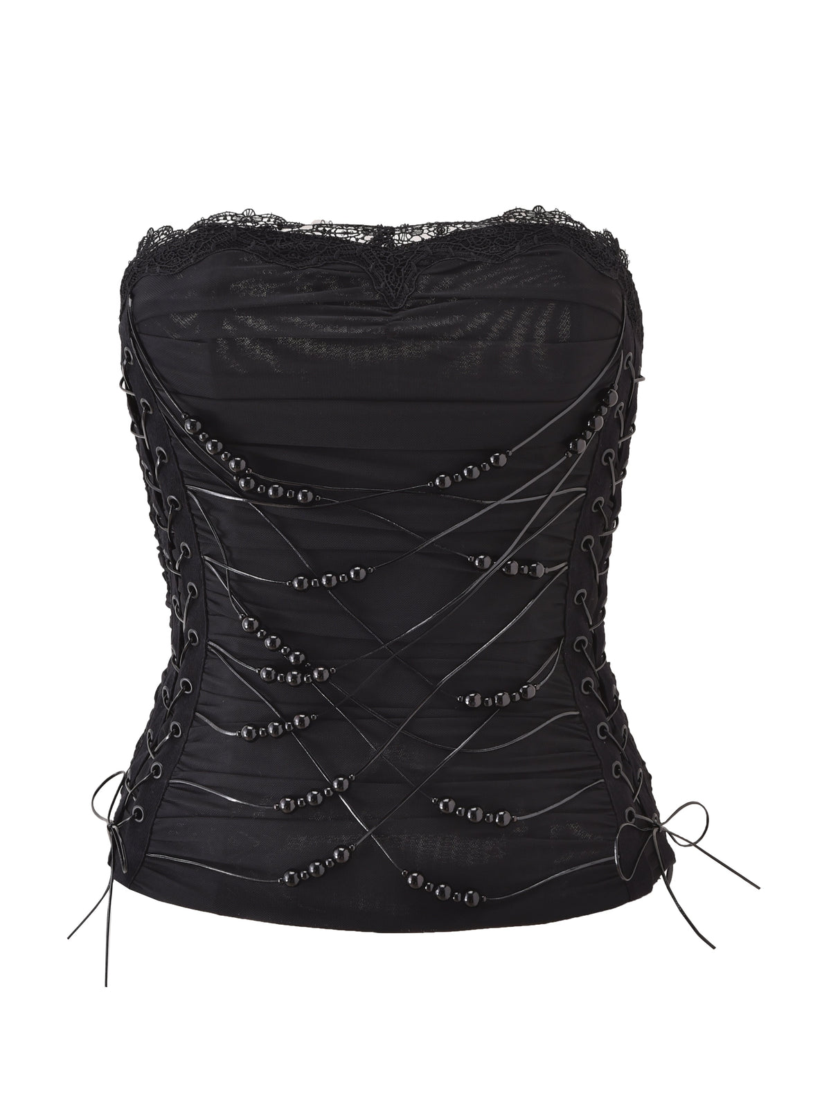 Introducing the DIXI CORSET - BLACK by I.AM.GIA: a stunning strapless ruched mesh corset featuring delicate lace trim, crisscrossed ribbon lacing, and decorative beads. The sheer black material enhances its allure, while side eyelets and ties provide adjustable comfort. This corset seamlessly blends elegance with the timeless charm of a classic lace-up design.