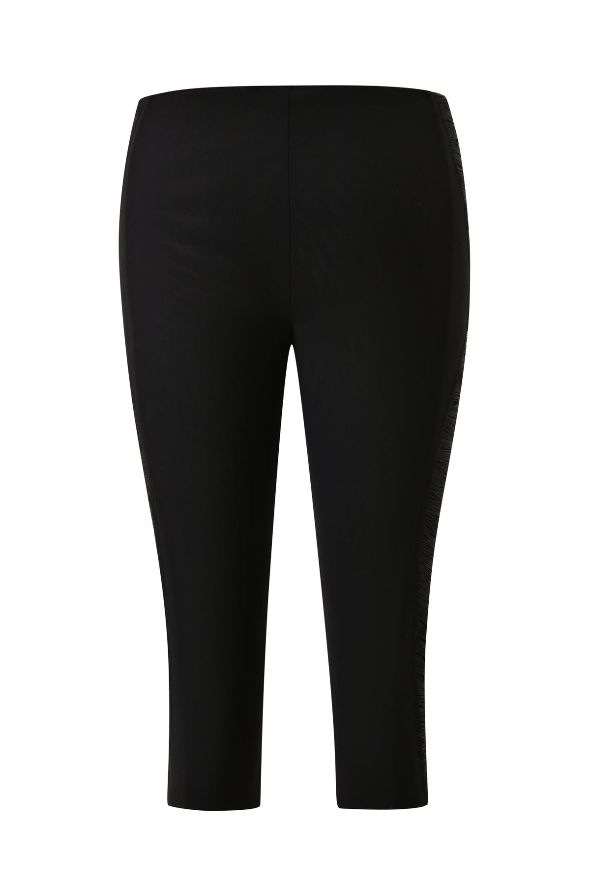 The I.AM.GIA DIXI CAPRI - BLACK are black, fitted mid-rise cropped pants showcased against a white background. These bodycon capri pants feature a simple and sleek design with no visible pockets or embellishments, and have a smooth fabric finish.