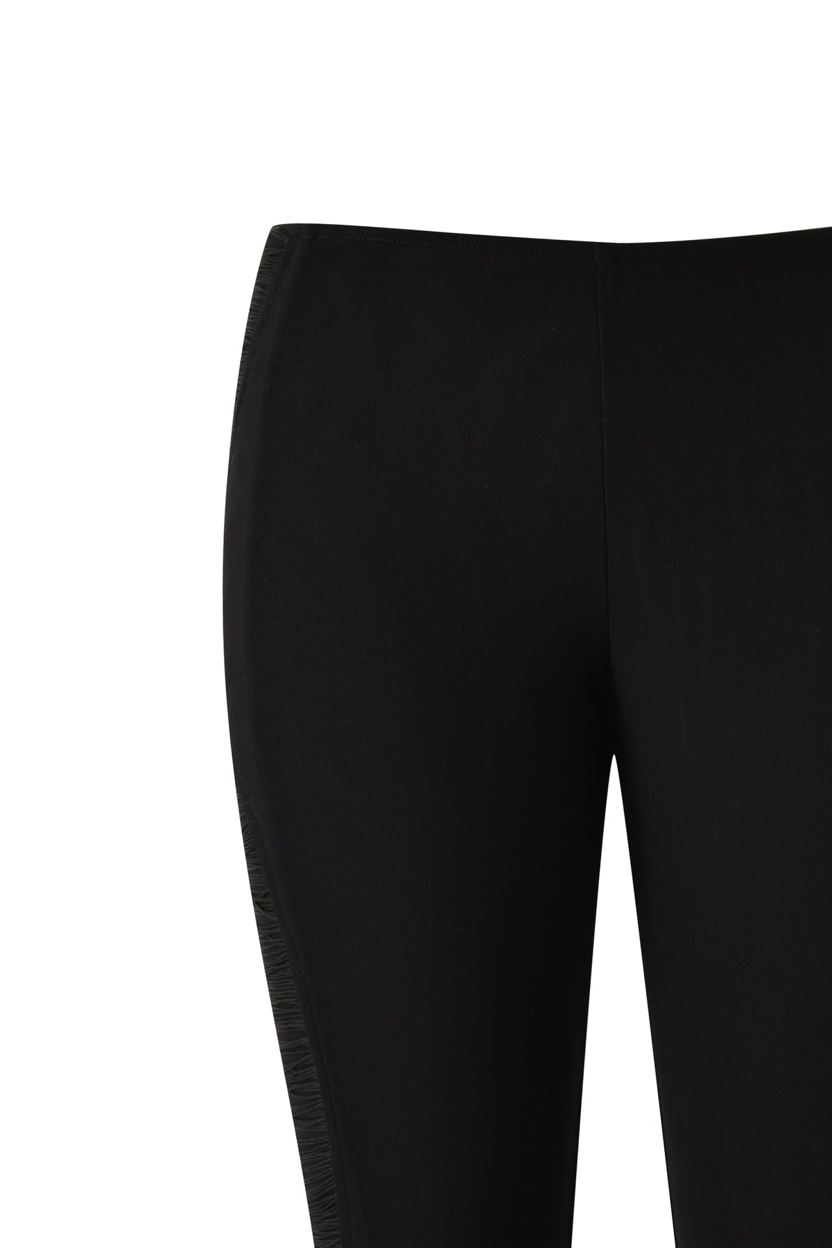 Close-up of the waist and upper legs of the I.AM.GIA DIXI CAPRI - BLACK bodycon pants against a white background. Only the midsection and thighs are visible, with no additional details or decorations shown.