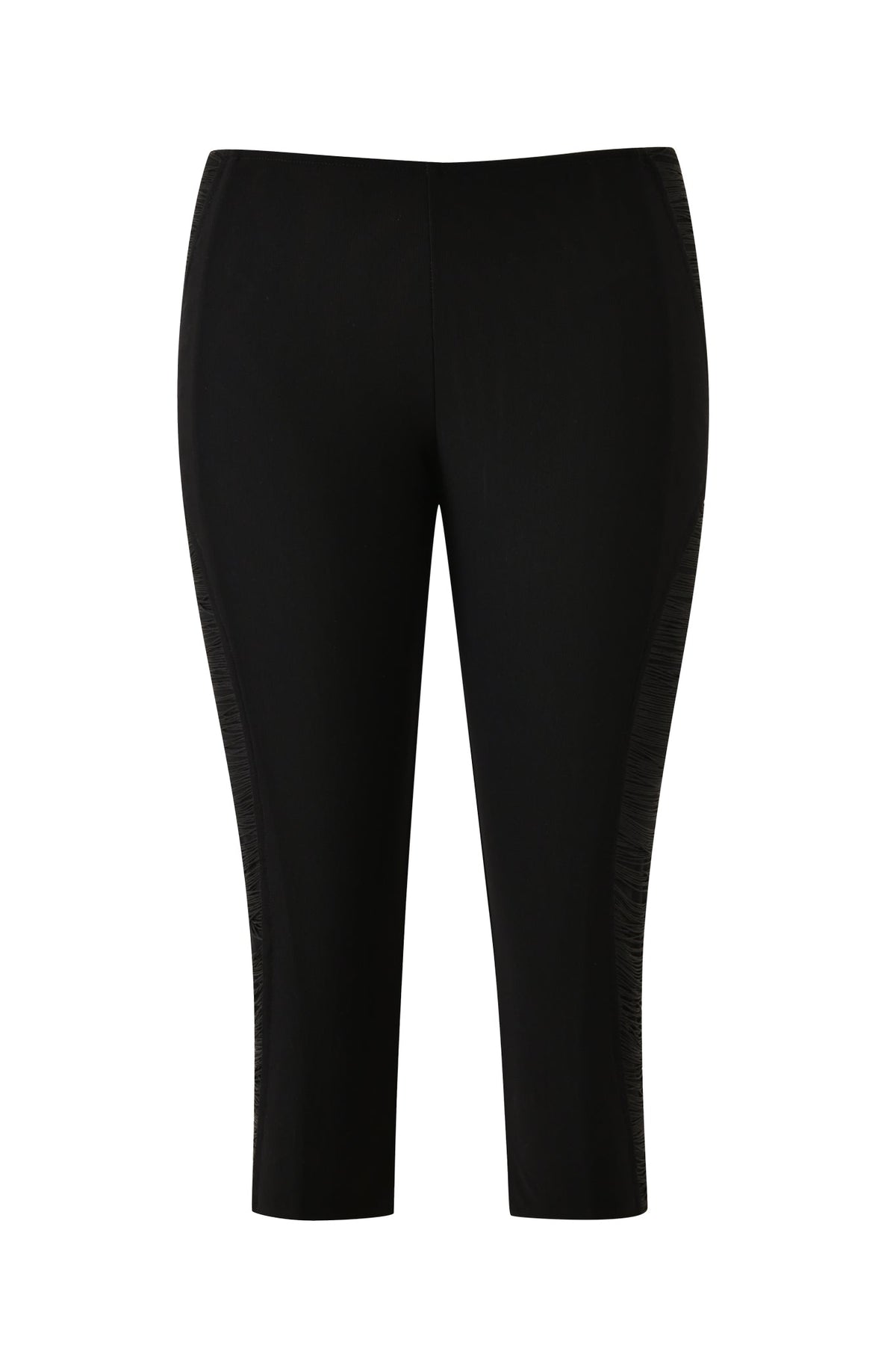 The DIXI CAPRI - BLACK by I.AM.GIA are slim-fit, black cropped pants featuring subtle textured fringette panels along the sides. Set against a plain white background, these sleek bodycon capris showcase their modern details and flattering silhouette.