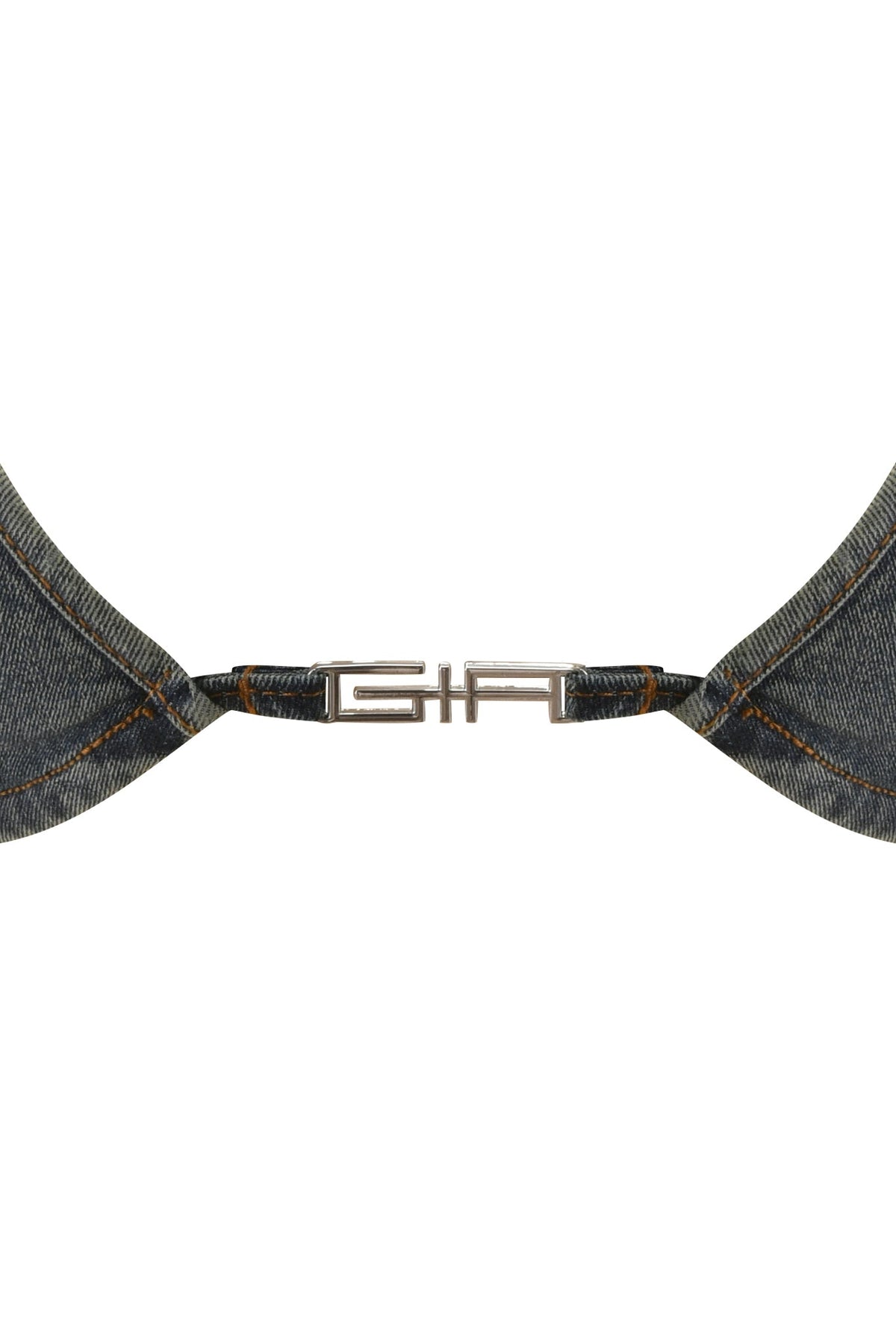 Close-up of two denim straps from the JET TRIANGLE TOP - FADED INDIGO by I.AM.GIA, connected by a silver geometric clasp, set against a white background.