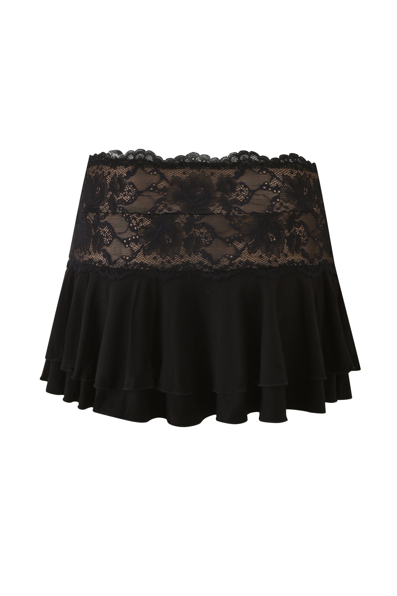 The ANISTON MINI SKIRT - BLACK by I.AM.GIA US showcases a double-tiered ruffle design and a wide, intricately patterned floral lace waistband. This low-rise mini skirt’s delicate lace top section adds a feminine touch to its overall elegant style.