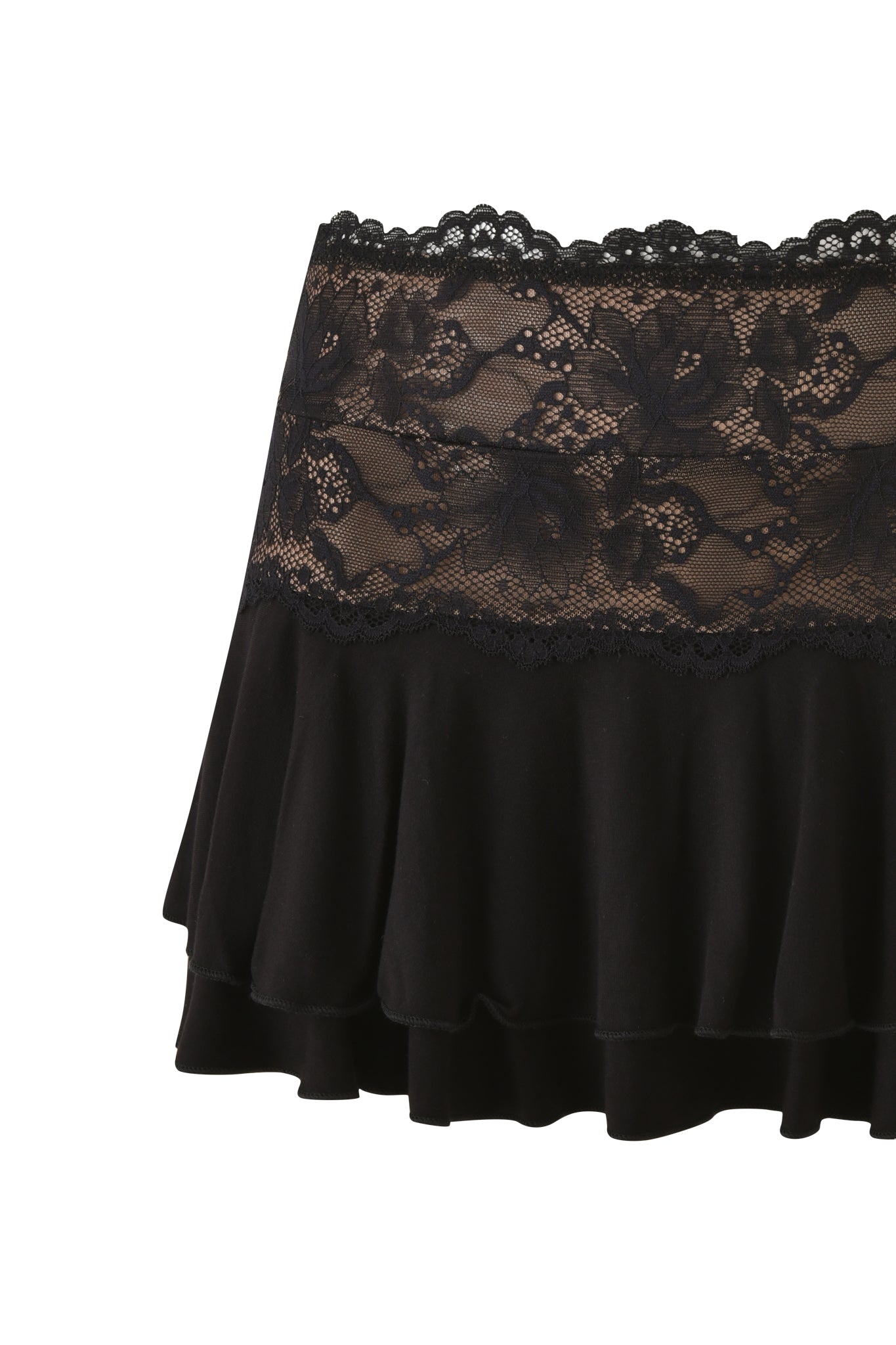 The ANISTON MINI SKIRT - BLACK by I.AM.GIA US, displayed against a white background, features a ruffled hem and a wide, sheer lace waistband adorned with floral patterns.