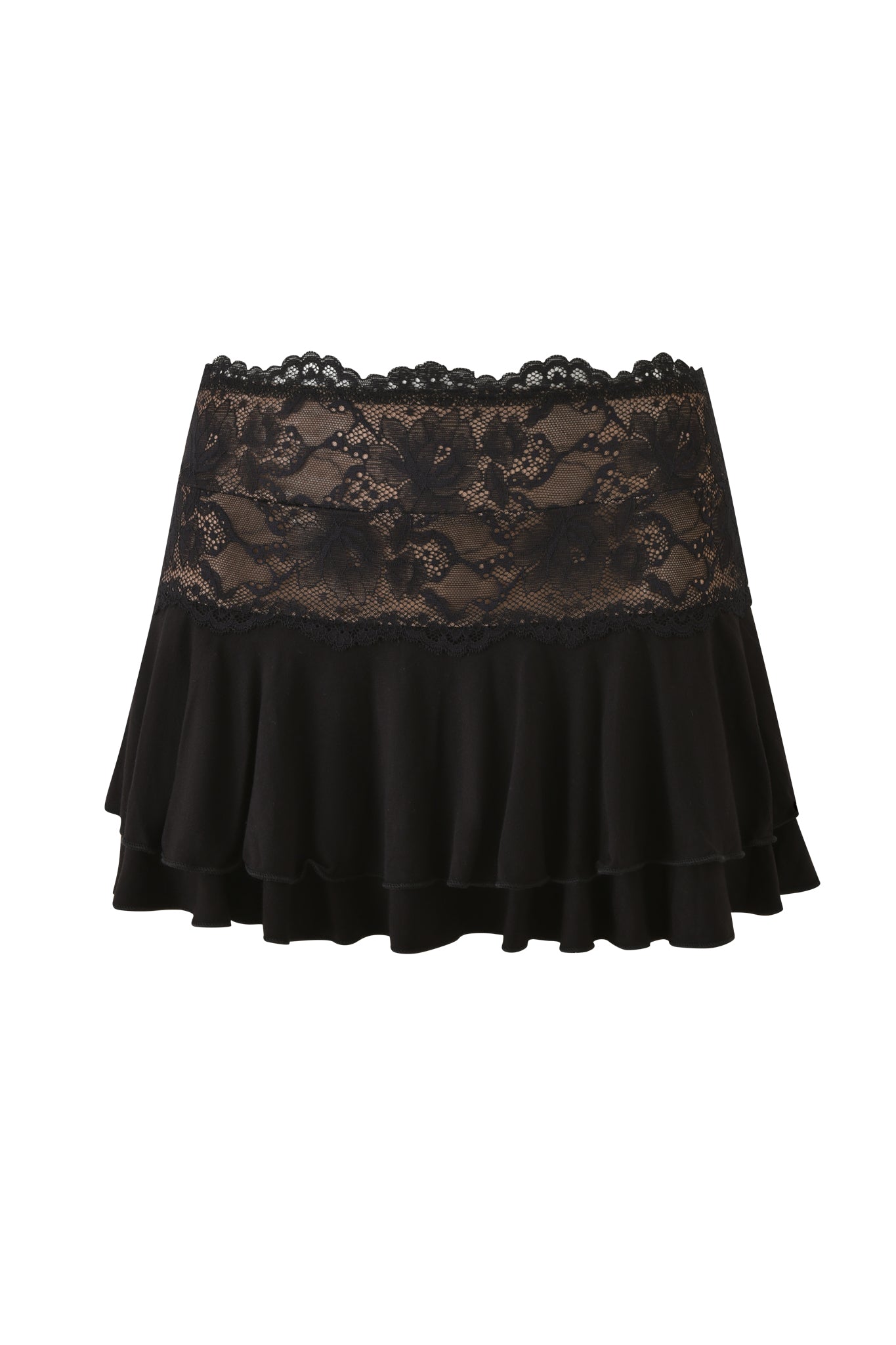 Introducing the ANISTON MINI SKIRT - BLACK by I.AM.GIA US: a black low-rise mini skirt featuring a sheer lace waistband and elegant floral pattern, finished with a layered ruffle hem. This chic design artfully combines see-through lace and solid fabric for a fashionable statement, making it the perfect black lace mini skirt for any occasion.