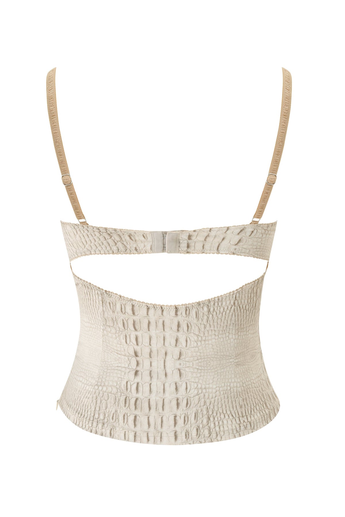 CASSY CORSET - HOT CROC by I.AM.GIA, a beige faux snakeskin crop top featuring thin adjustable straps, underwire bust cups, a back clasp closure, and an open back cutout design, displayed on a white background.