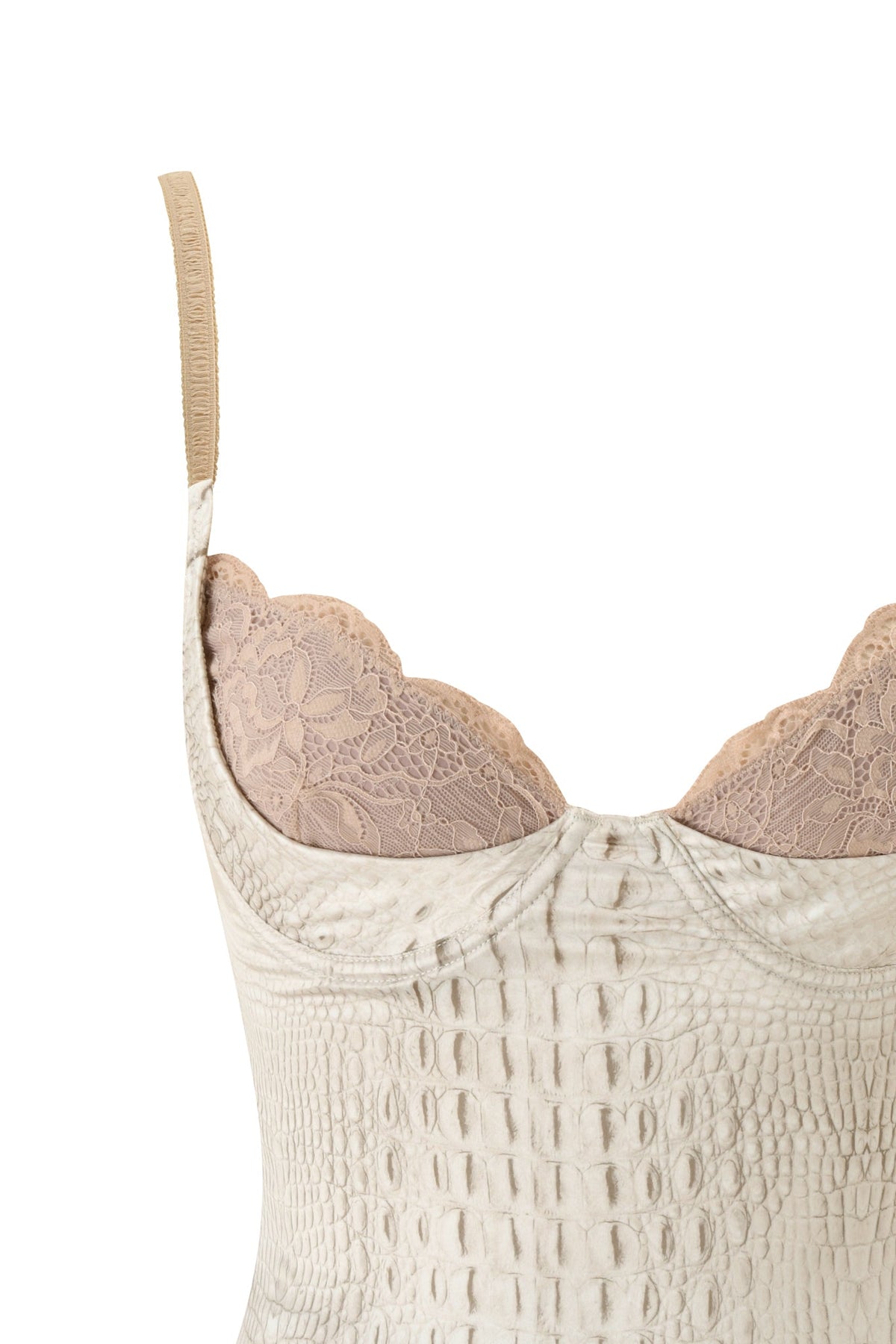 CASSY CORSET - HOT CROC by I.AM.GIA: a beige faux snakeskin corset top with thin straps and lace-trimmed, light pink underwire bust cups peeking out above the neckline.