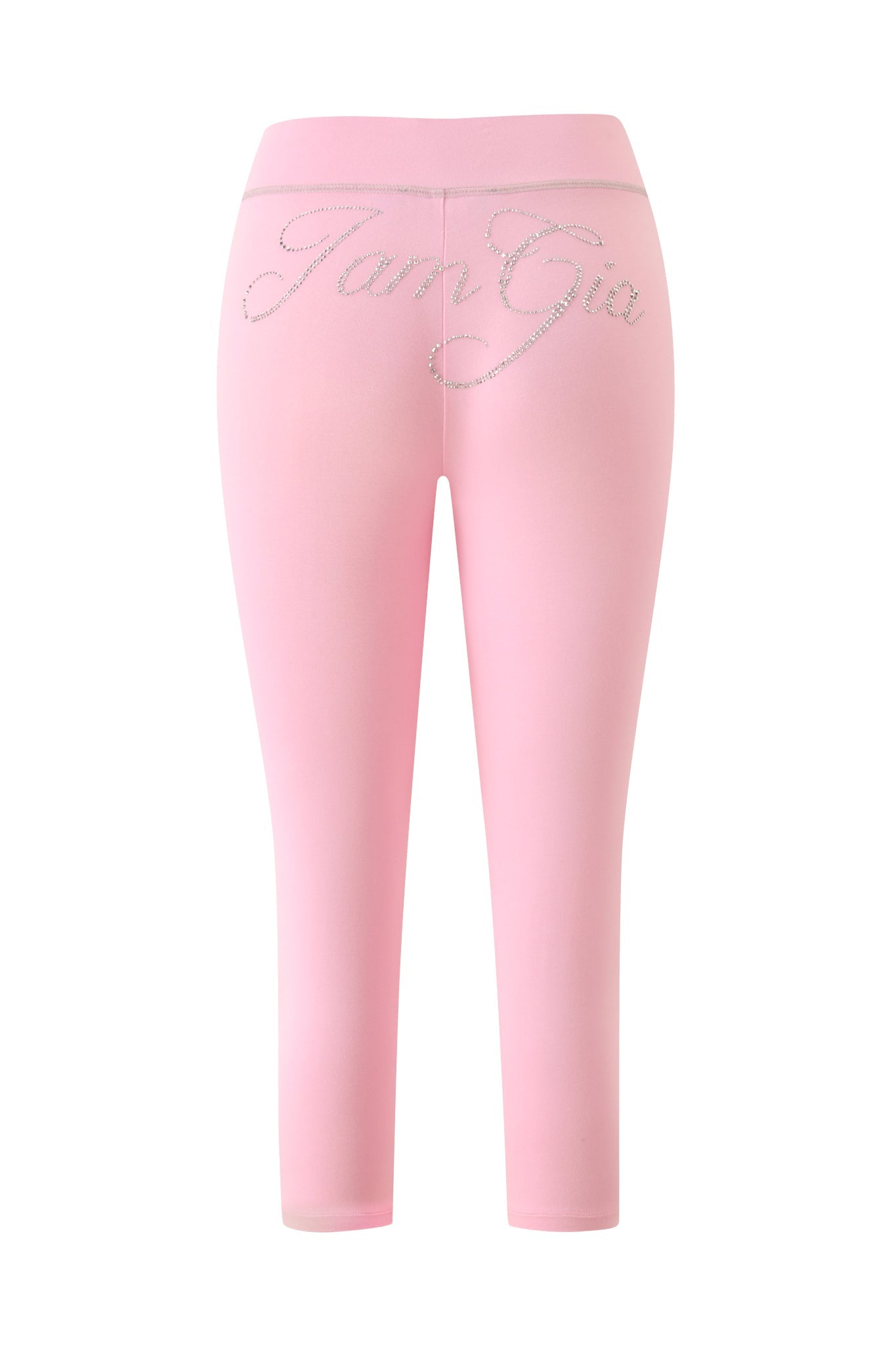 Elevate your wardrobe with the BLARE LOW RISE DIAMONTE CAPRI in baby pink by I.AM.GIA, featuring the brand’s signature rhinestone logo boldly displayed across the back waistband.