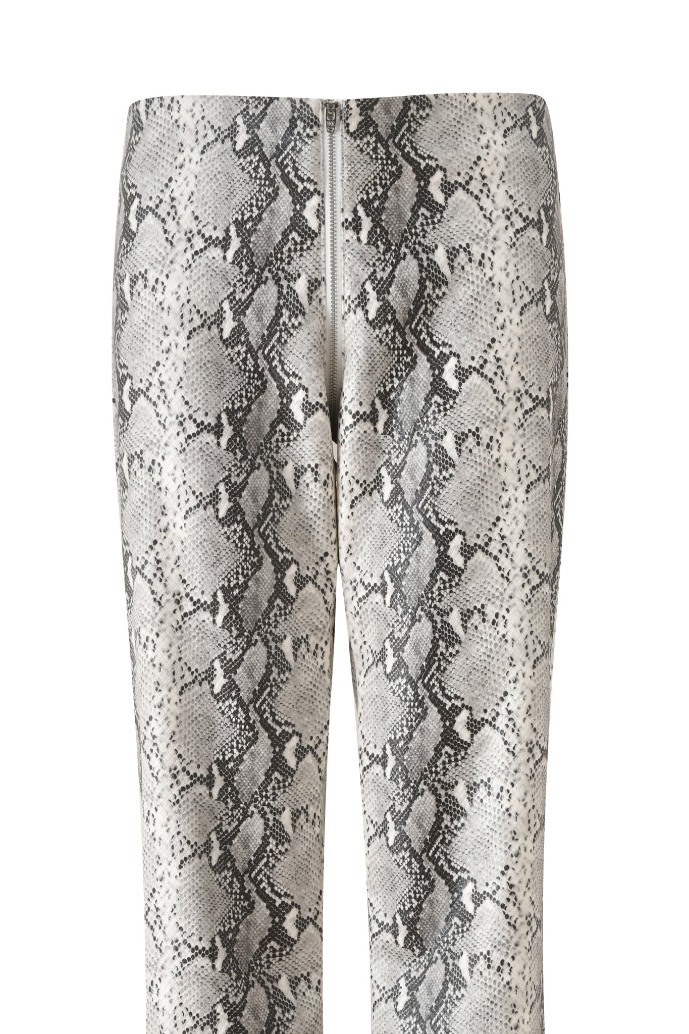 Close-up of the HENDRIX 2.0 PANT - CREAM SNAKE by I.AM.GIA, a pair of straight leg faux python leather pants in a cream and gray snakeskin print, showcasing a visible back seam and zipper. These statement night-out pants deliver bold style and a contemporary edge for any standout occasion.