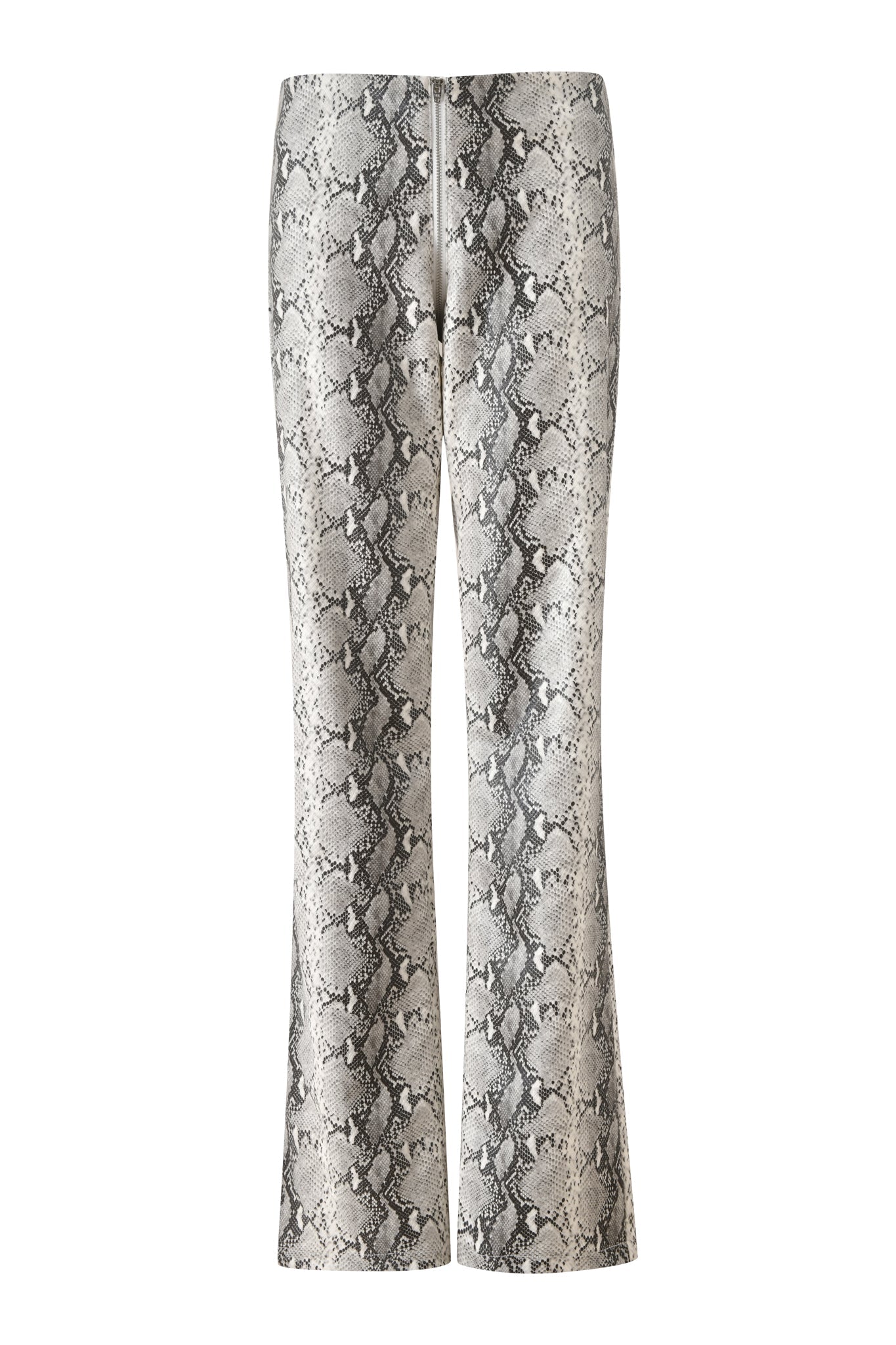 The HENDRIX 2.0 PANT - CREAM SNAKE by I.AM.GIA showcases high-waisted, straight-leg pants in a cream and black snakeskin print, crafted from faux python leather. Displayed from the back against a plain white background, these statement pants are perfect for a night out.