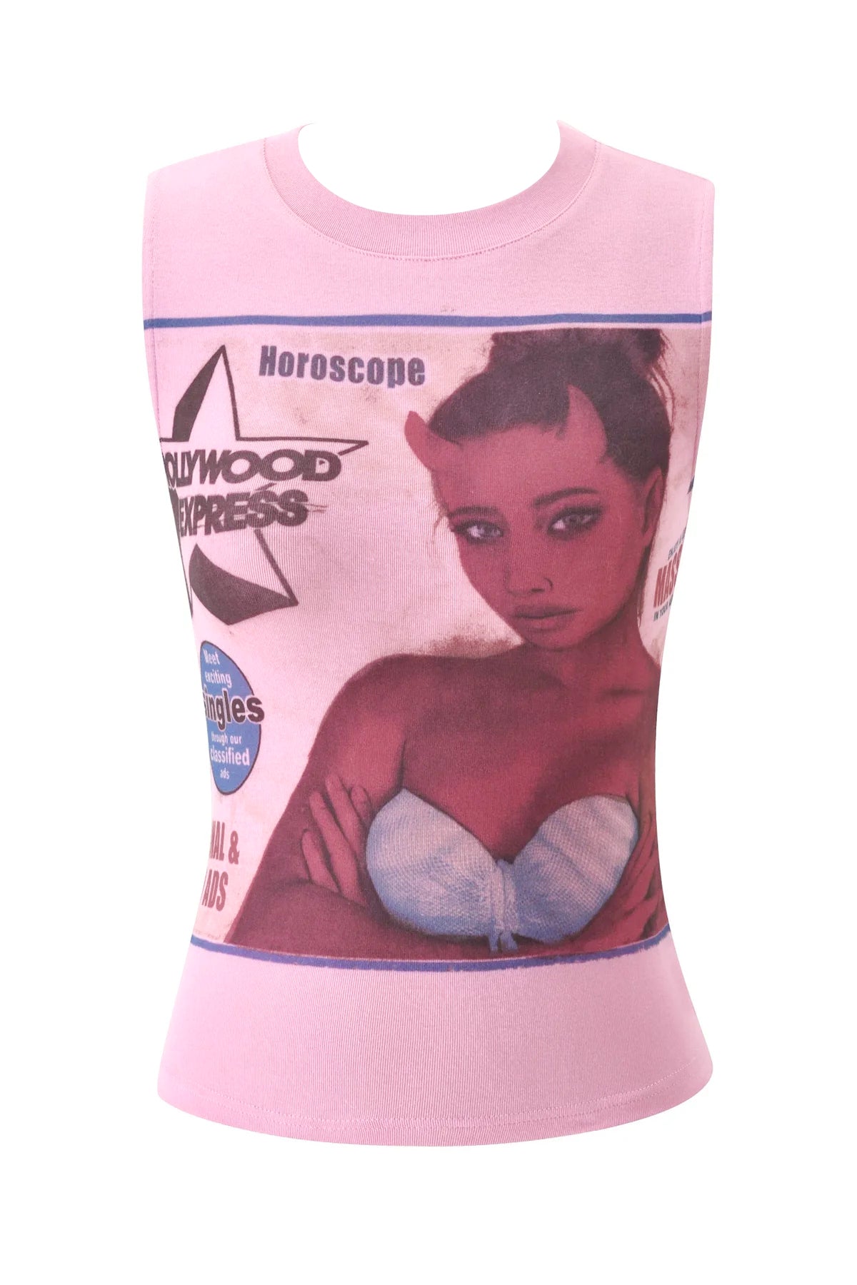 The I.AM.GIA T-REX COURTNEY TANK - PINK is a sleeveless muscle tank in baby pink, showcasing an exclusive placement print with a vintage-inspired graphic of a woman with devil horns and a strapless bra, along with the phrases “Hollywood Express” and “Horoscope.” Made from heavyweight cotton jersey, it offers superior comfort and structure.