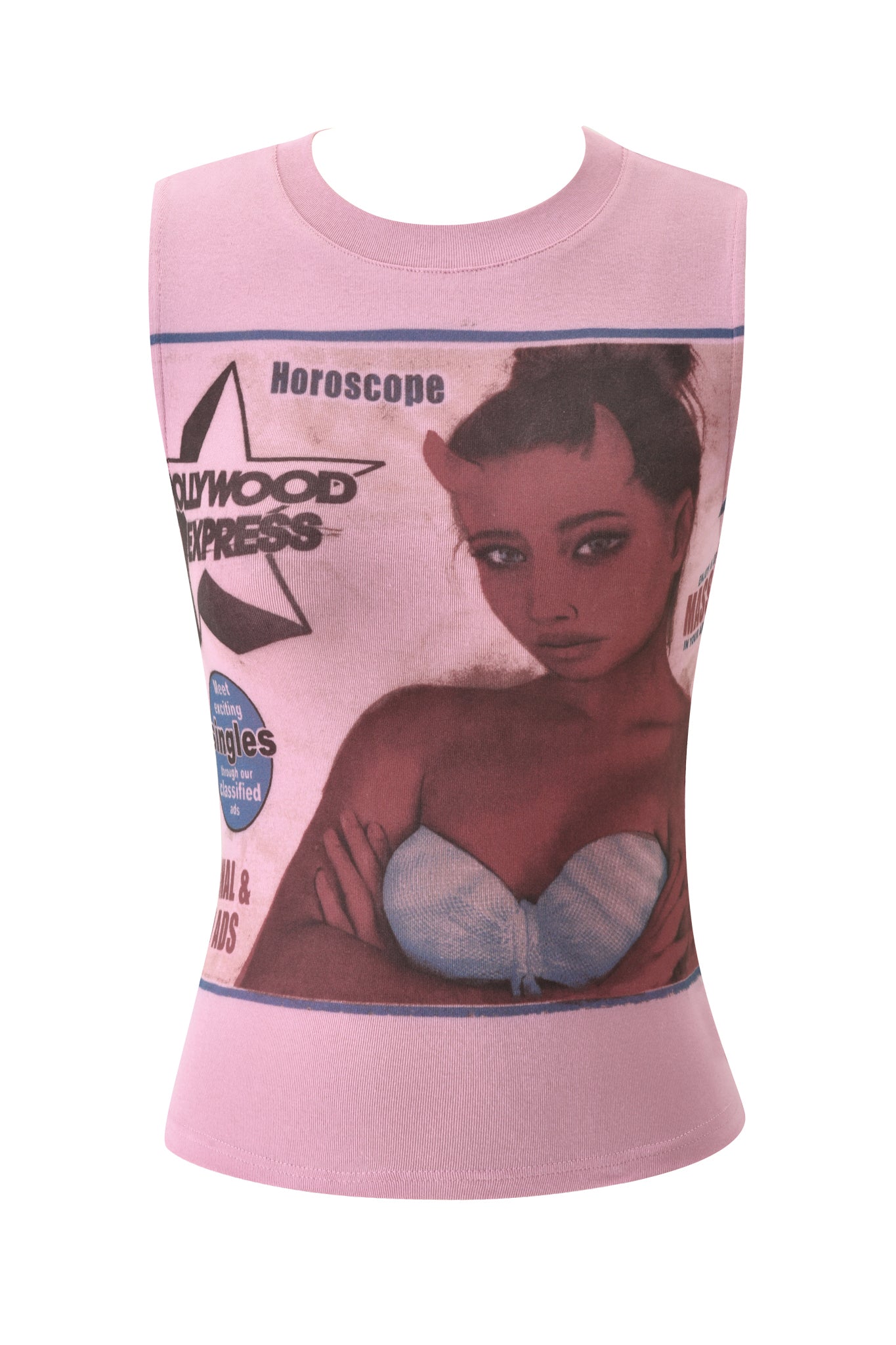 The T-REX COURTNEY TANK - PINK by I.AM.GIA is a baby pink sleeveless knit muscle tank featuring a retro graphic print of a woman with red horns and a white bra, along with the text "Hollywood Express" and "Horoscope.