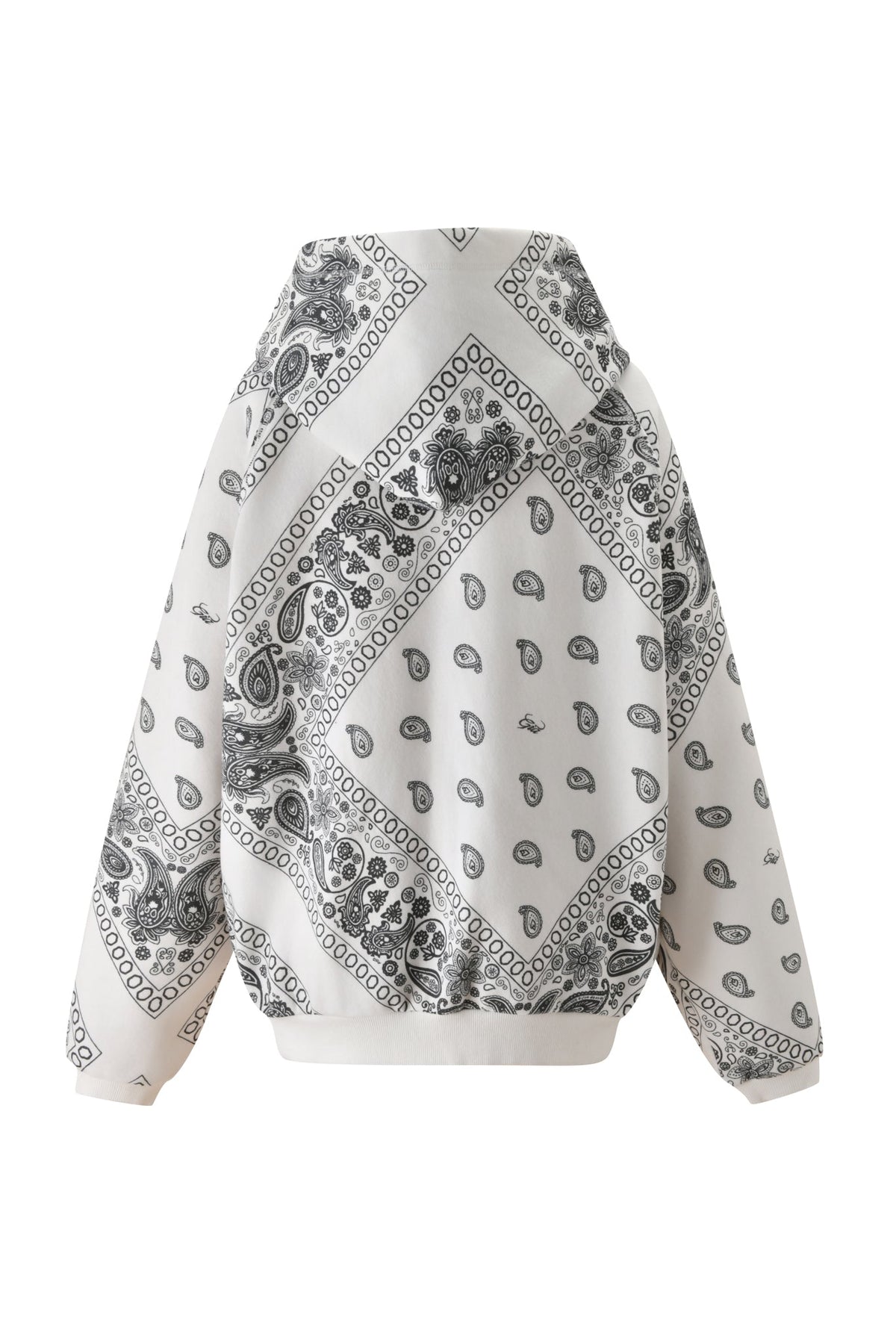 The image shows the back of the I.AM.GIA T-REX PULLOVER HOODIE - PAISLEY FACE, a white hoodie with an all-over black paisley bandana print and an oversized hood, set against a plain white background.