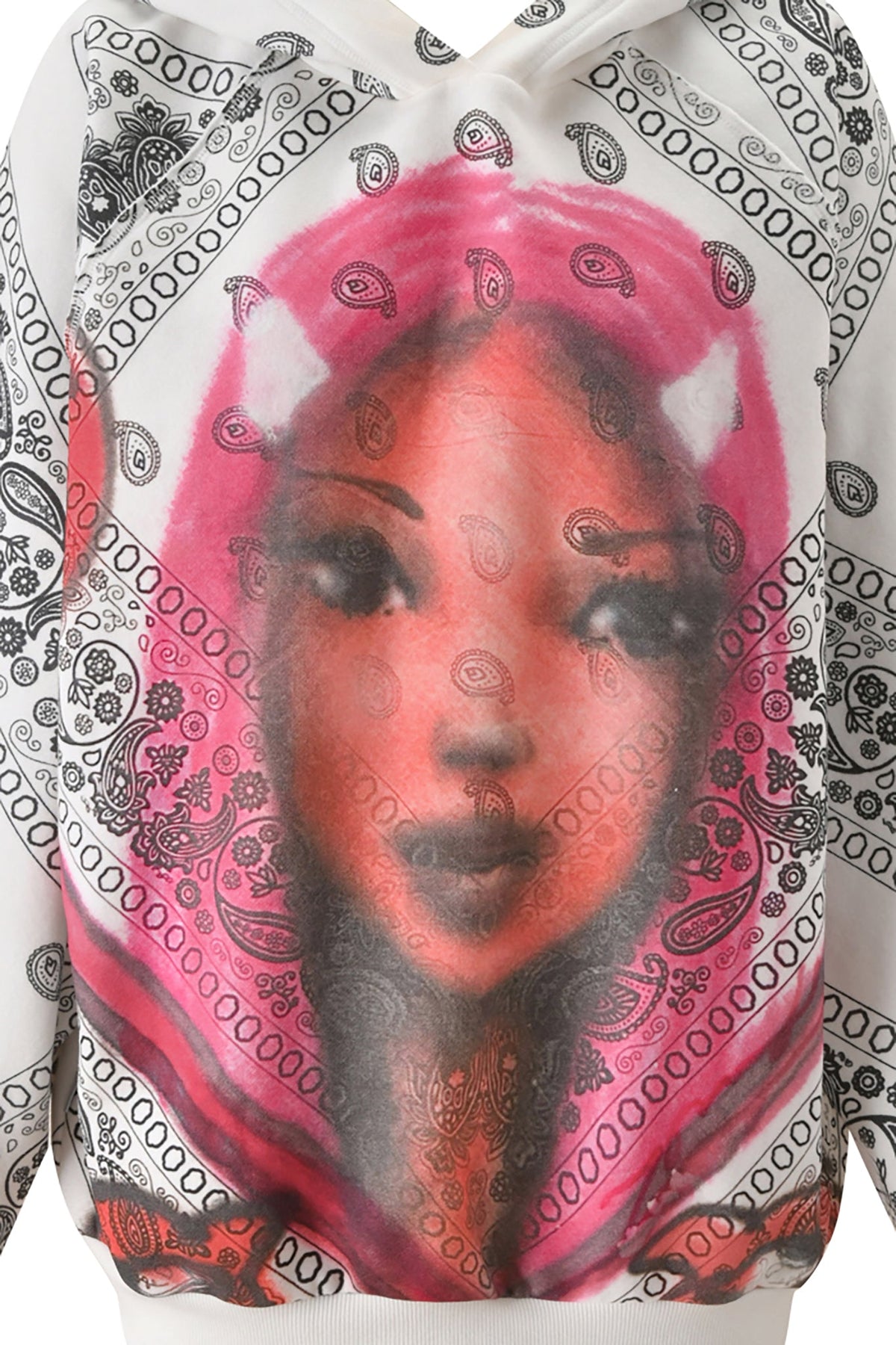 The T-REX PULLOVER HOODIE - PAISLEY FACE by I.AM.GIA is a white, boxy raglan hoodie featuring a pink and red cat-eared woman overlaid with a black paisley bandana print and an oversized hood.