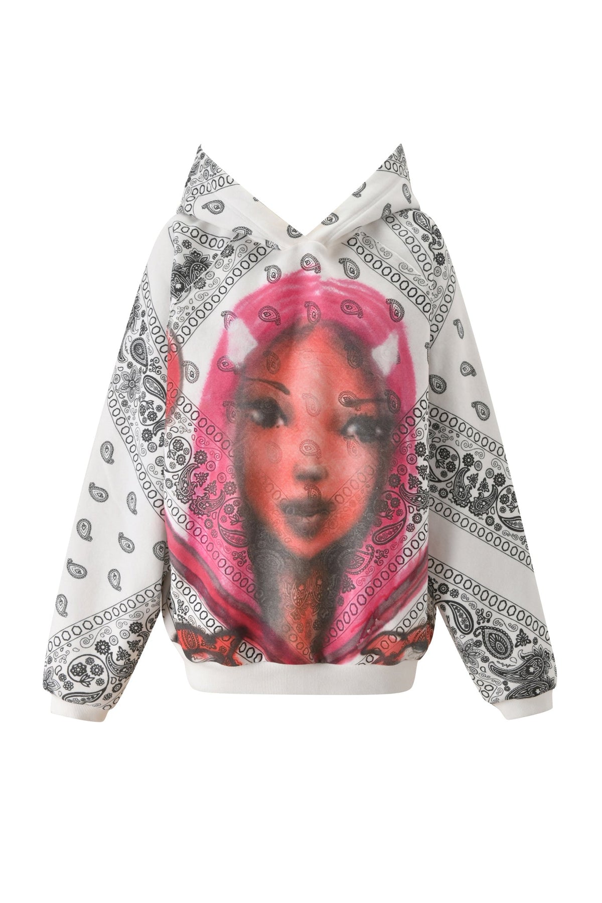 The I.AM.GIA T-REX PULLOVER HOODIE - PAISLEY FACE features a white boxy fit, black paisley patterns, an oversized hood, and a striking front graphic of a woman’s face with pink tones and horns.