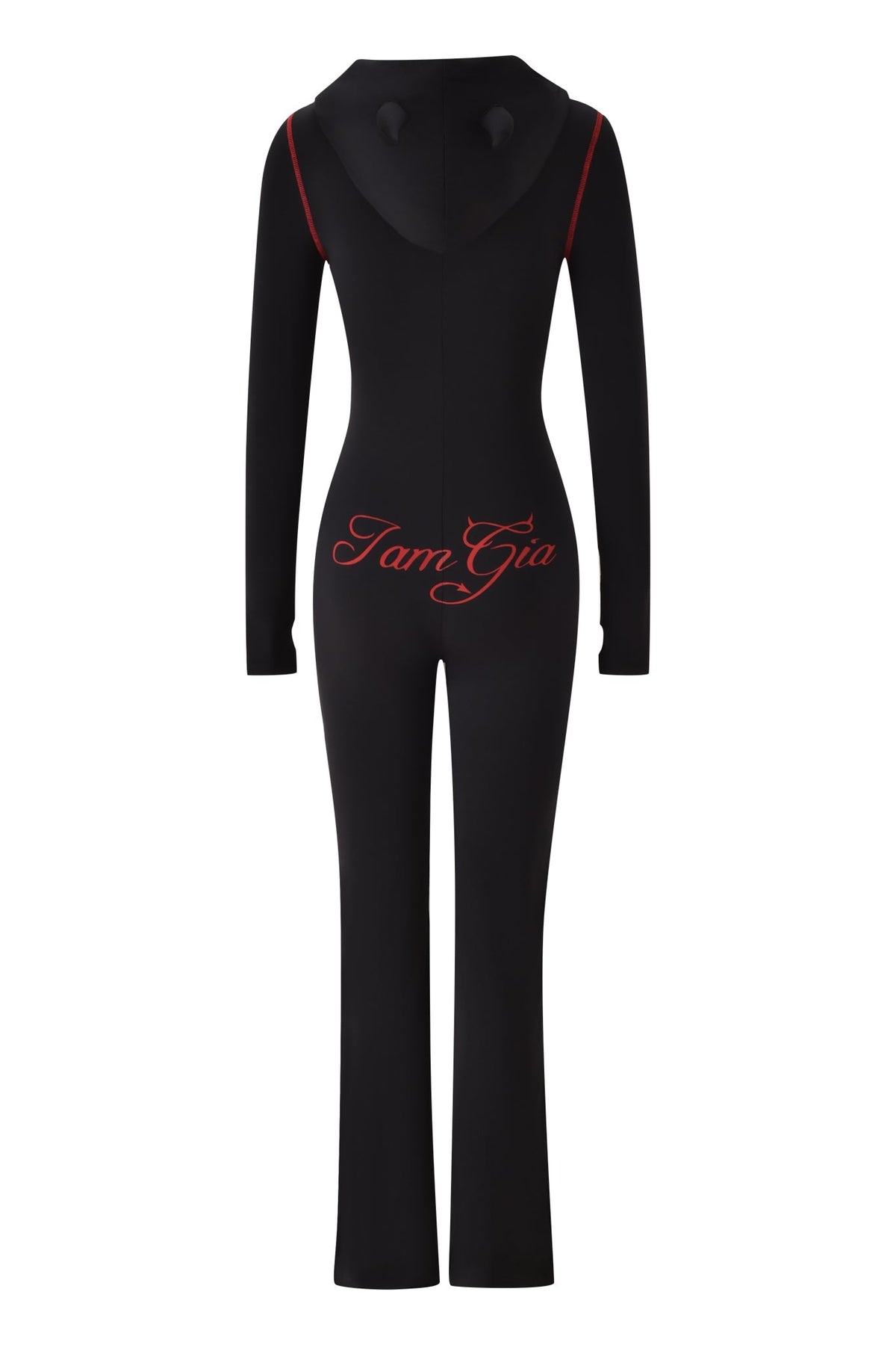 The BLARE HORN JUMPSUIT - BLACK by I.AM.GIA features a devil horn hood, long sleeves, red shoulder stitching, and the I.AM.GIA logo in red script across the lower back. Shown on a plain white background.