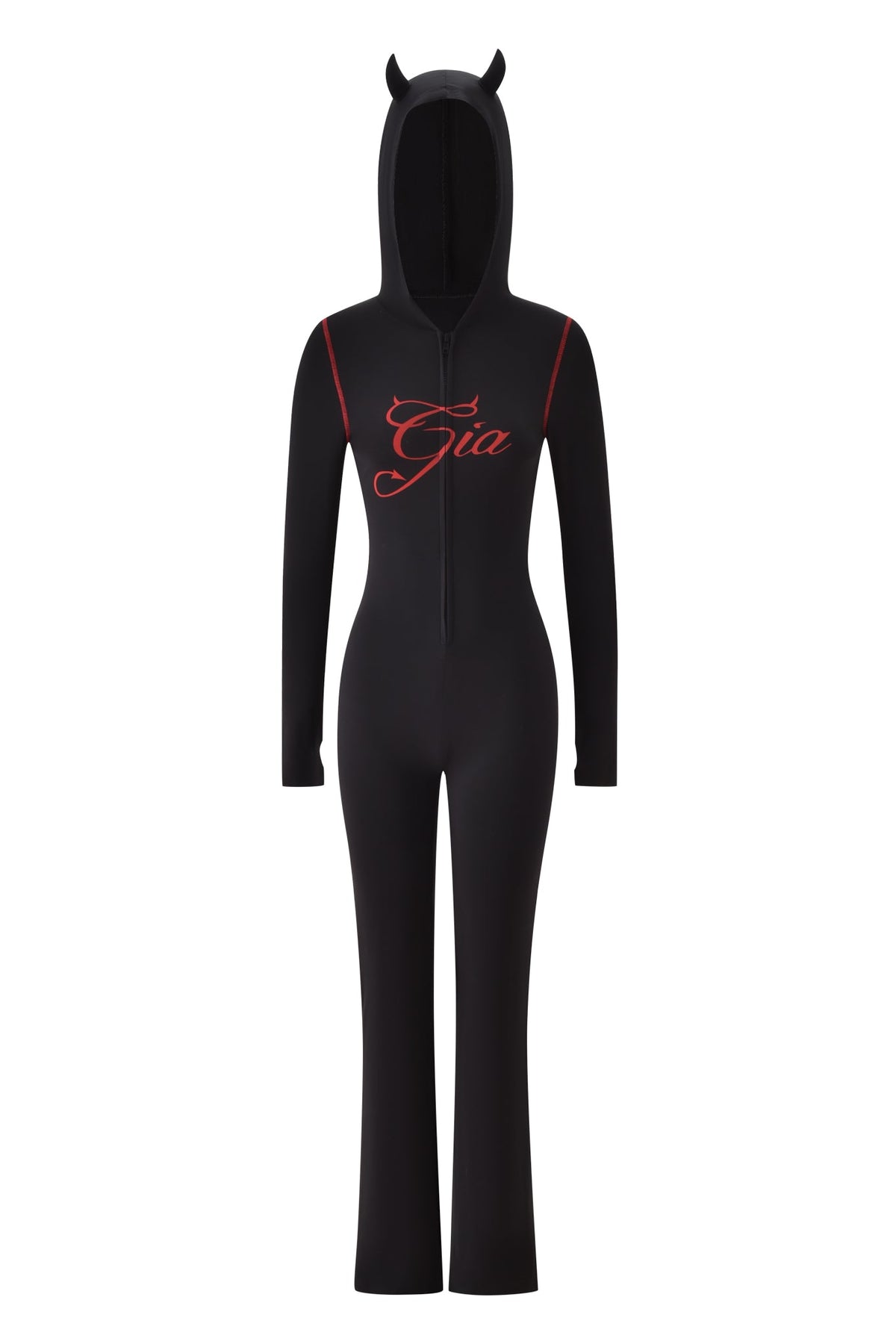 The BLARE HORN JUMPSUIT - BLACK by I.AM.GIA features a devil horn hood, red piping on the shoulders, and a bold red I.AM.GIA logo across the chest.