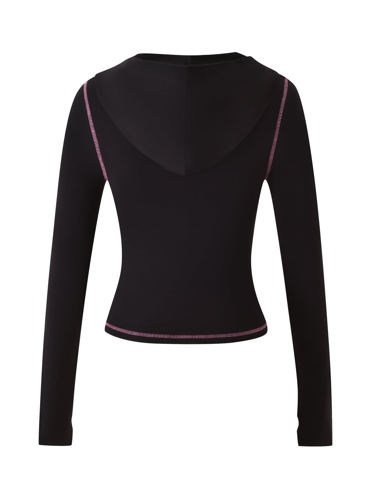 The T-REX SPRAY BODY BLARE HOODIE - BLACK by I.AM.GIA features a fitted, long-sleeve design with pink seam accents and a hood, crafted from bamboo fabrication. Shown from the back against a white background.
