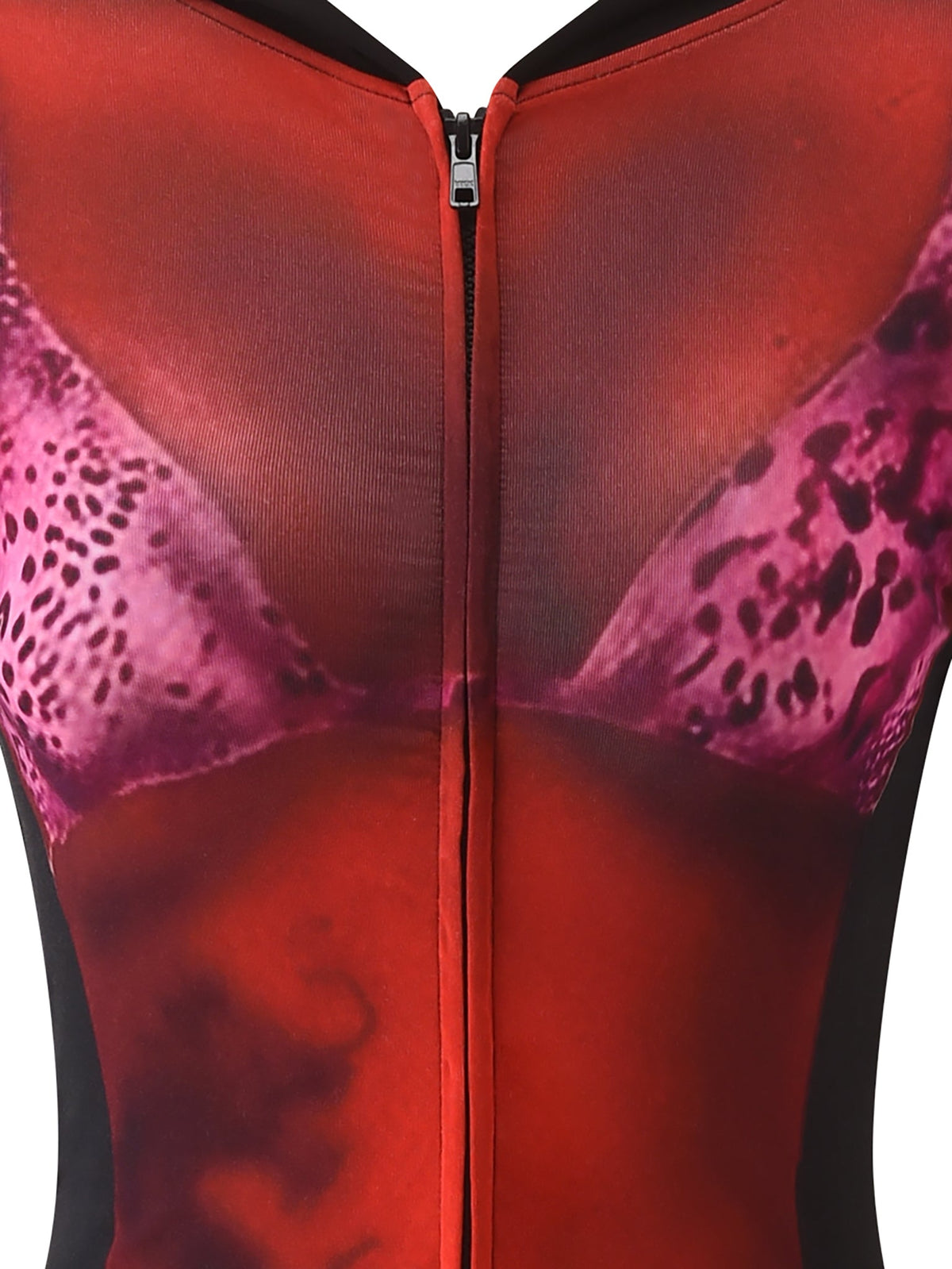 A close-up of the T-REX SPRAY BODY BLARE HOODIE - BLACK by I.AM.GIA reveals a zippered hoodie featuring an airbrushed bikini body print on black, creating a striking optical illusion.