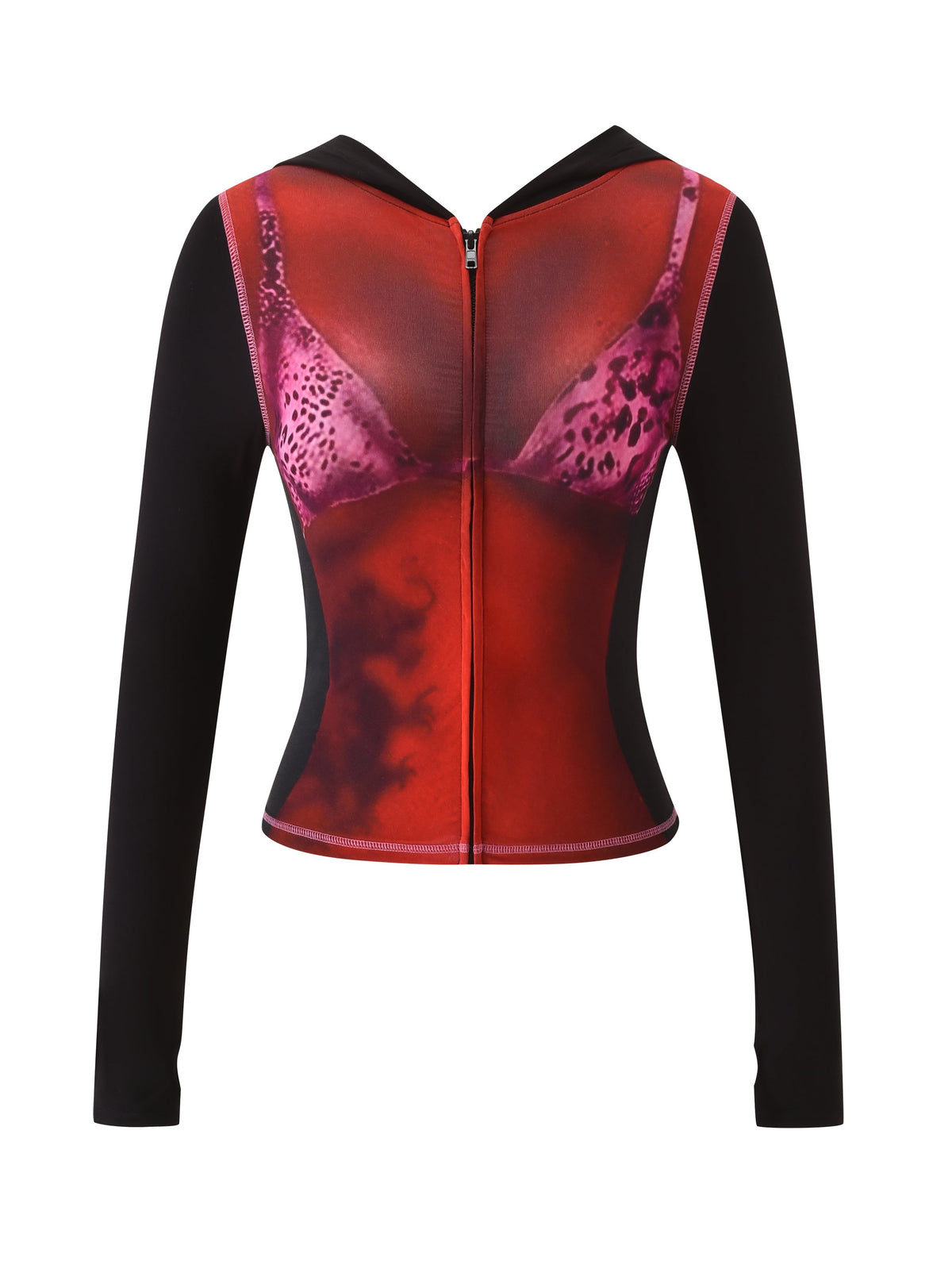 The T-REX SPRAY BODY BLARE HOODIE - BLACK by I.AM.GIA features black sleeves and a zip-up design with a red and pink airbrushed bikini body print on the torso.
