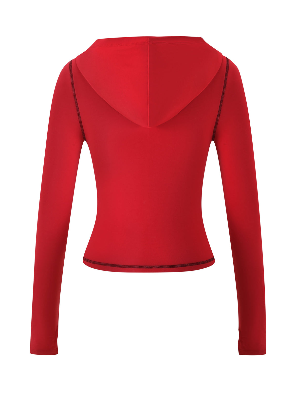 The T-REX SPRAY BODY BLARE HOODIE - RED by I.AM.GIA is shown from the back with black seam and hem stitching, crafted in soft bamboo for comfort.