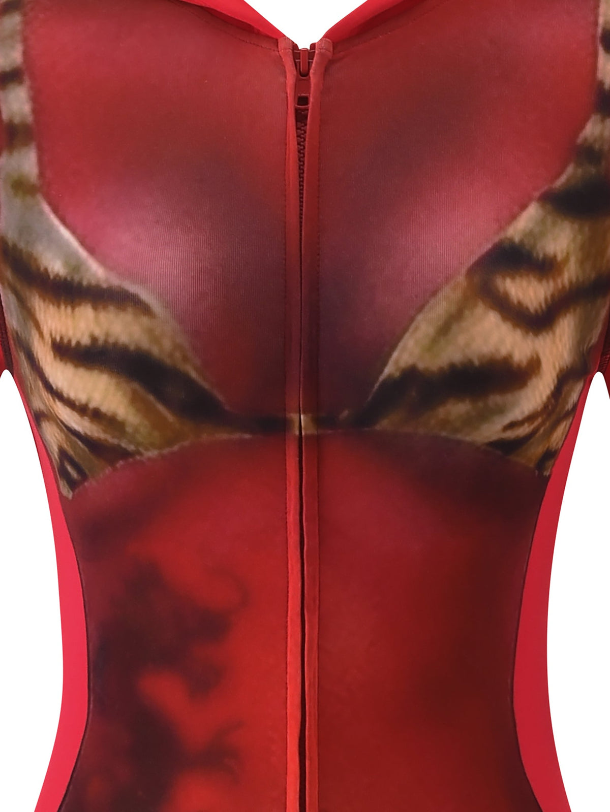 Close-up of the T-REX SPRAY BODY BLARE HOODIE - RED by I.AM.GIA, showcasing its zip front and bold airbrushed bikini body graphic with tiger-striped bra details.