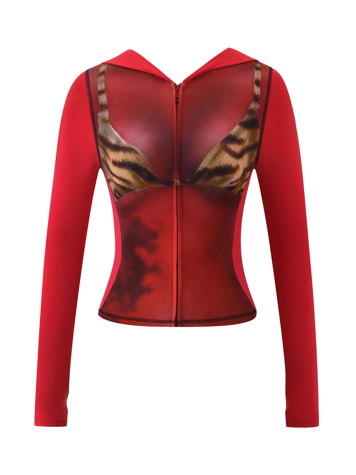 The T-REX SPRAY BODY BLARE HOODIE - RED by I.AM.GIA is a zip-up hoodie featuring an airbrushed bikini body with tiger stripe print for a bold optical illusion effect.
