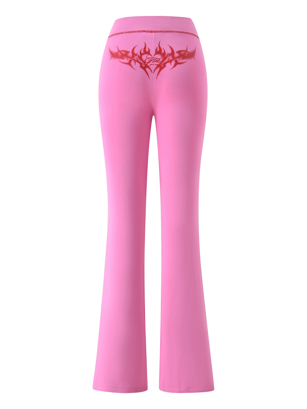 The T-REX SPRAY BODY BLARE TRACKPANT - PINK by I.AM.GIA features a red tribal heart on the back waistband, made from bamboo fabric. Shown from the back on a white background.