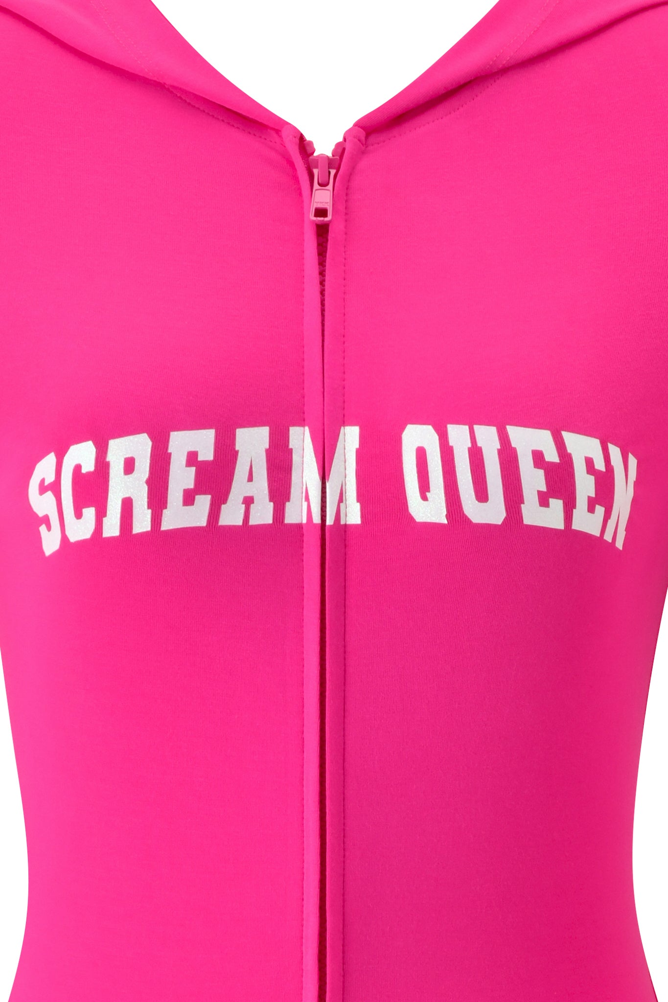 Close-up of the BLARE HOODIE - HOT PINK SCREAM QUEEN by I.AM.GIA, featuring bold “SCREAM QUEEN” lettering in white across the chest and crafted from ultra-soft bamboo fabric for maximum comfort.
