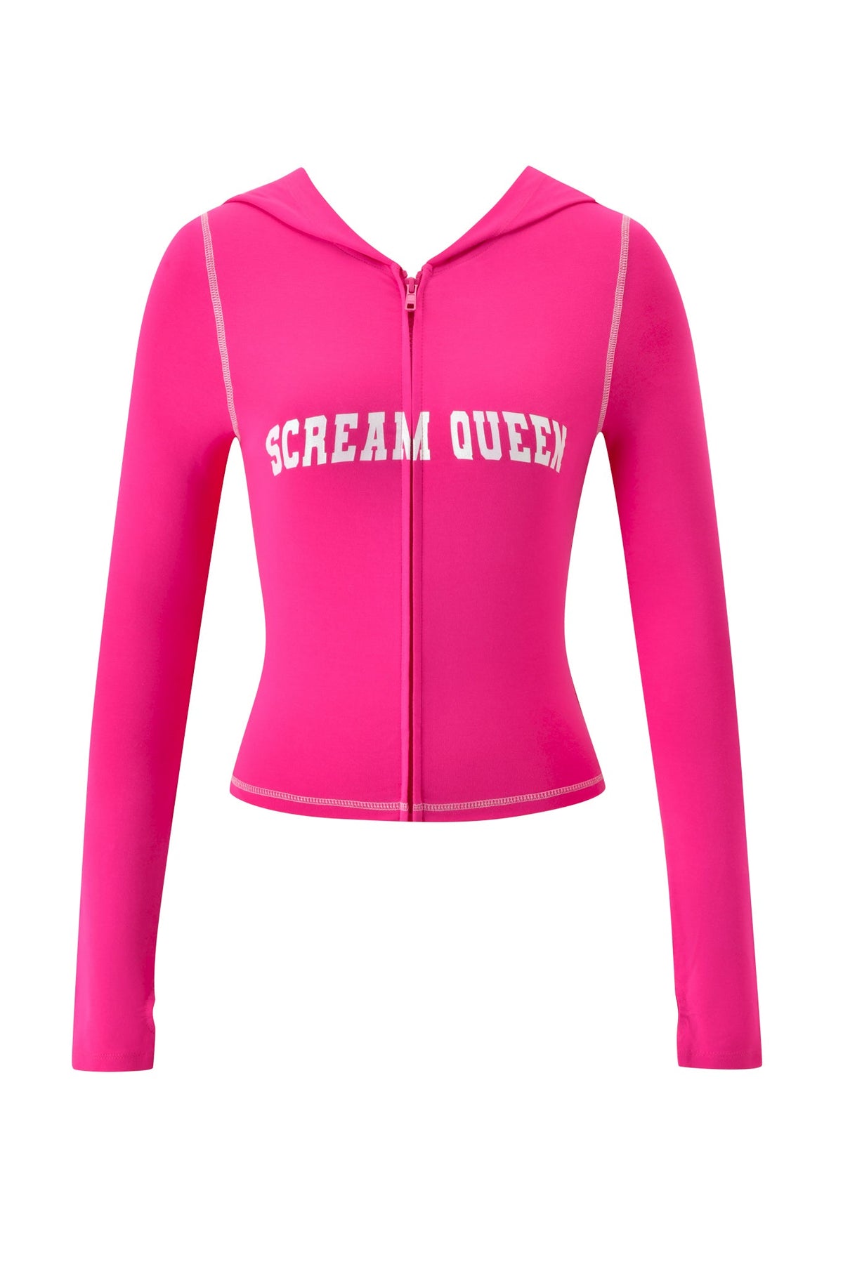 The BLARE HOODIE - HOT PINK SCREAM QUEEN by I.AM.GIA is a vibrant pink, long-sleeve zip-up hoodie featuring a hood and a striking white ‘Scream Queen’ graphic boldly printed across the chest.