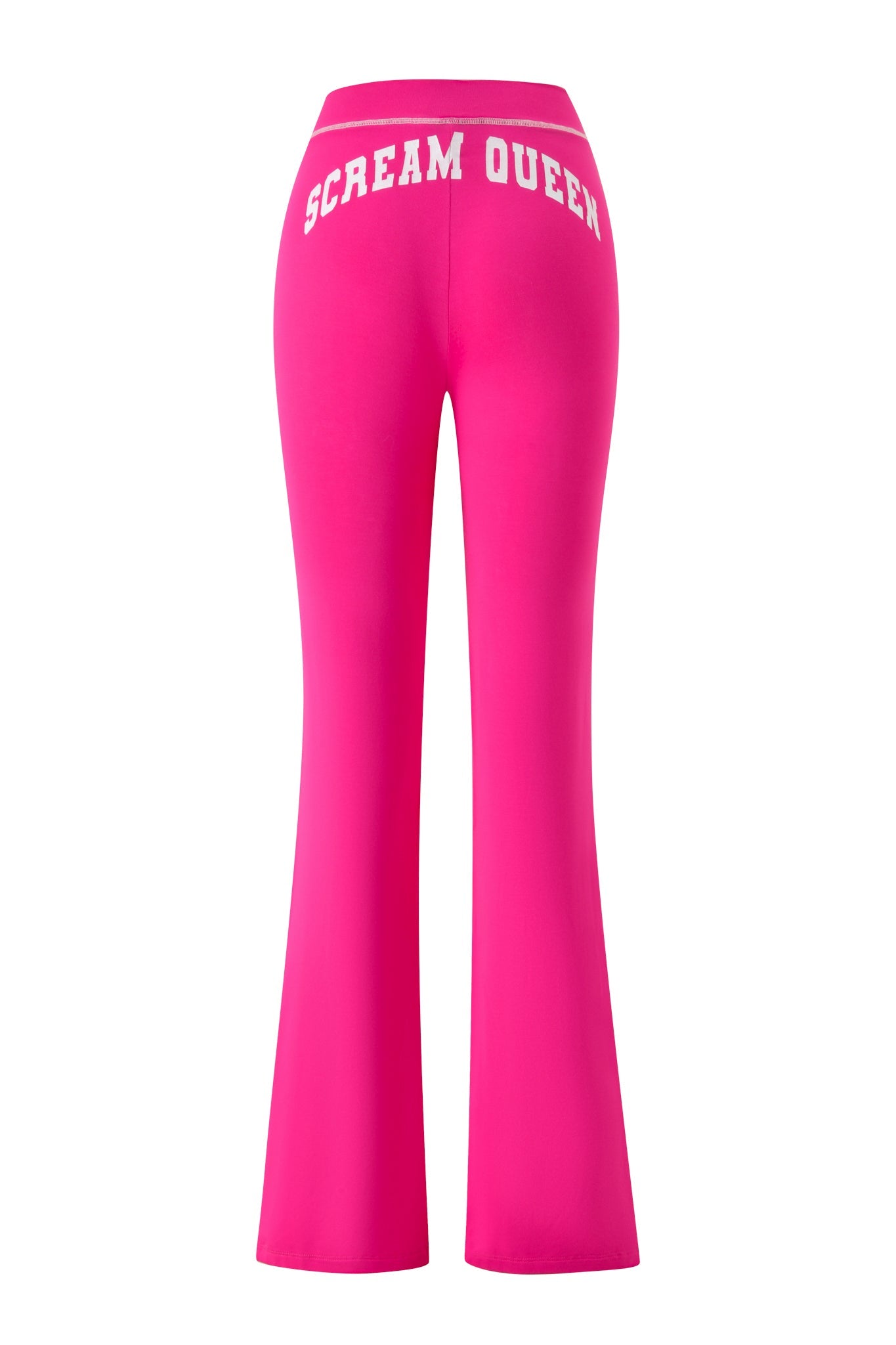 The I.AM.GIA BLARE TRACKPANT - HOT PINK SCREAM QUEEN features vibrant hot pink, flared legs, and a striking “SCREAM QUEEN” graphic in crisp white across the back waistband, shown against a clean white background.