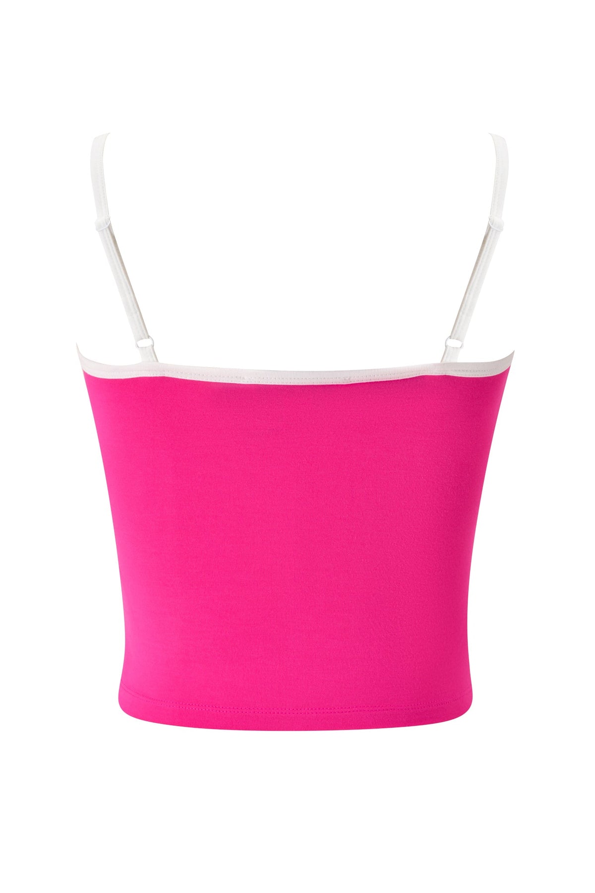 The BLARE SINGLET - HOT PINK SCREAM QUEEN by I.AM.GIA is a vibrant hot pink cami tube top featuring thin white adjustable spaghetti straps and a white trim along the top, displayed from the back against a plain white background.