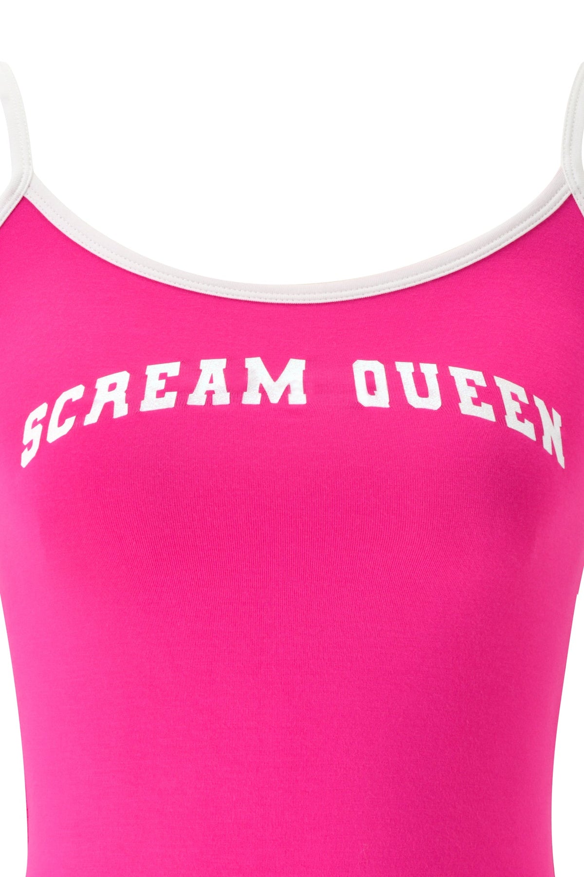 A close-up of the I.AM.GIA BLARE SINGLET in hot pink, featuring white trim and the striking “SCREAM QUEEN” graphic boldly printed in crisp white letters across the chest—perfectly capturing the statement style of this signature piece.