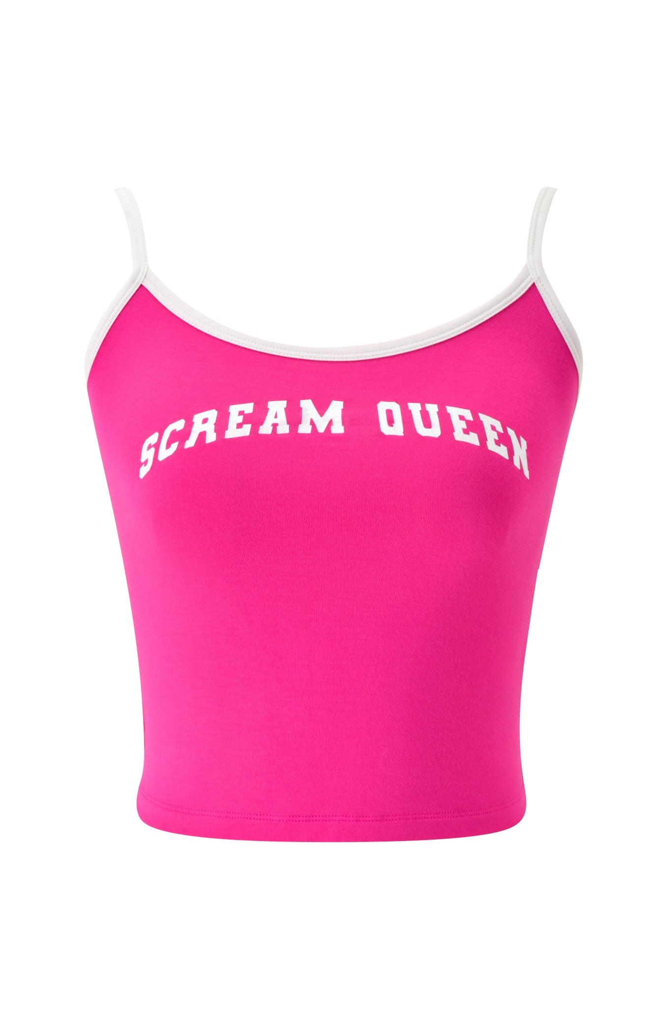 Turn heads with the I.AM.GIA BLARE SINGLET – HOT PINK SCREAM QUEEN, featuring thin white straps and the striking “SCREAM QUEEN” graphic emblazoned across the chest for a bold, statement look.