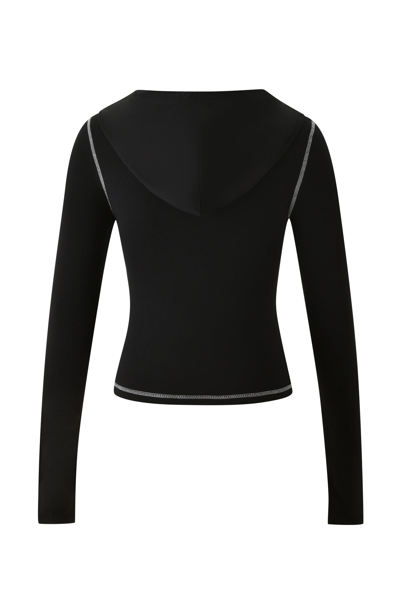 Model wears the BLARE HOODIE - JET BLACK : SECURITY by I.AM.GIA, a black long-sleeve hooded top shown from the back with white contrast stitching along the seams and hem. The design is elevated with a reflective SECURITY logo, all set against a plain white background.