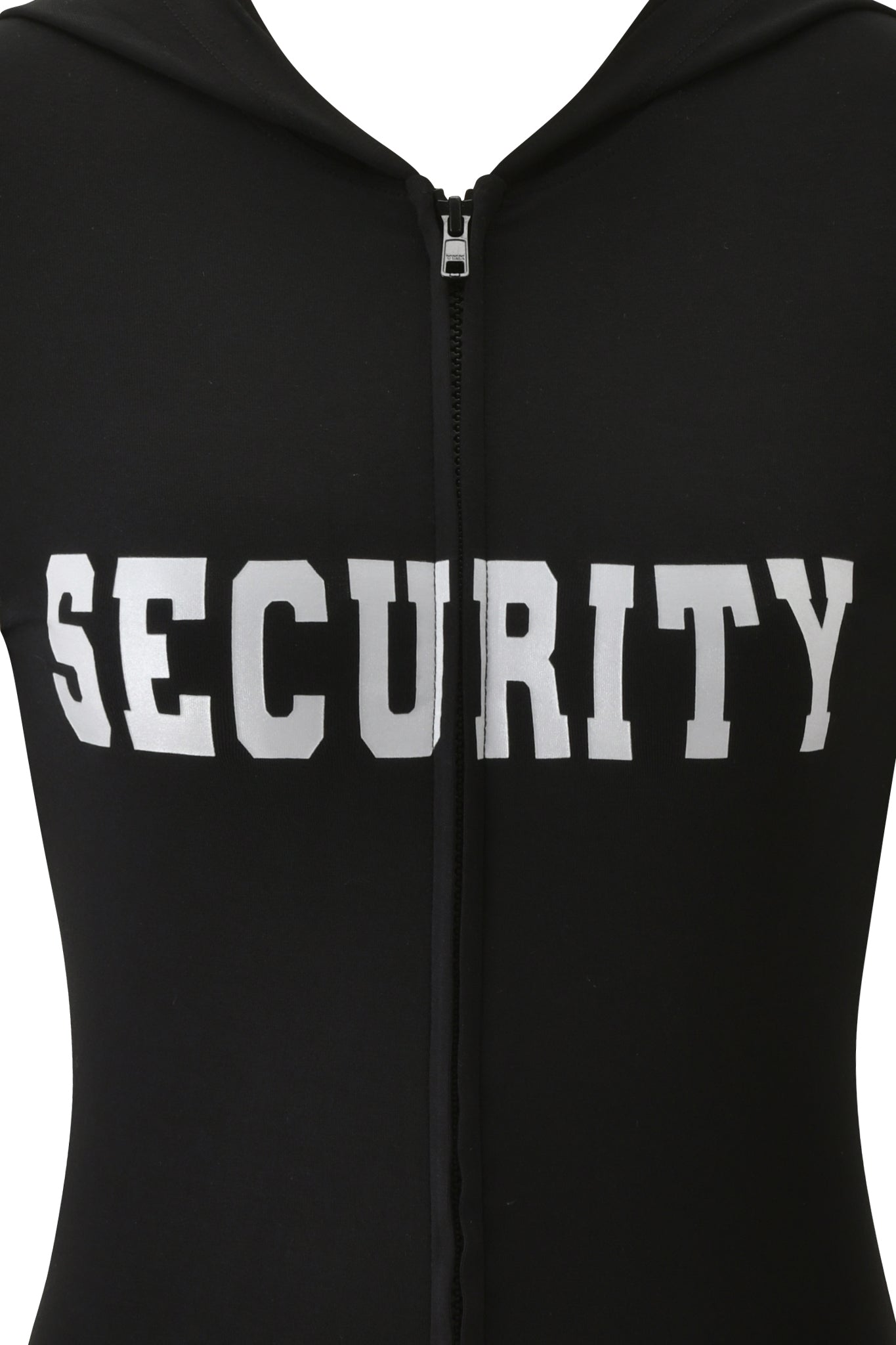 Close-up of the I.AM.GIA BLARE HOODIE - JET BLACK : SECURITY, a black long-sleeve hoodie featuring a bold, reflective SECURITY logo printed in large white capital letters across the chest.